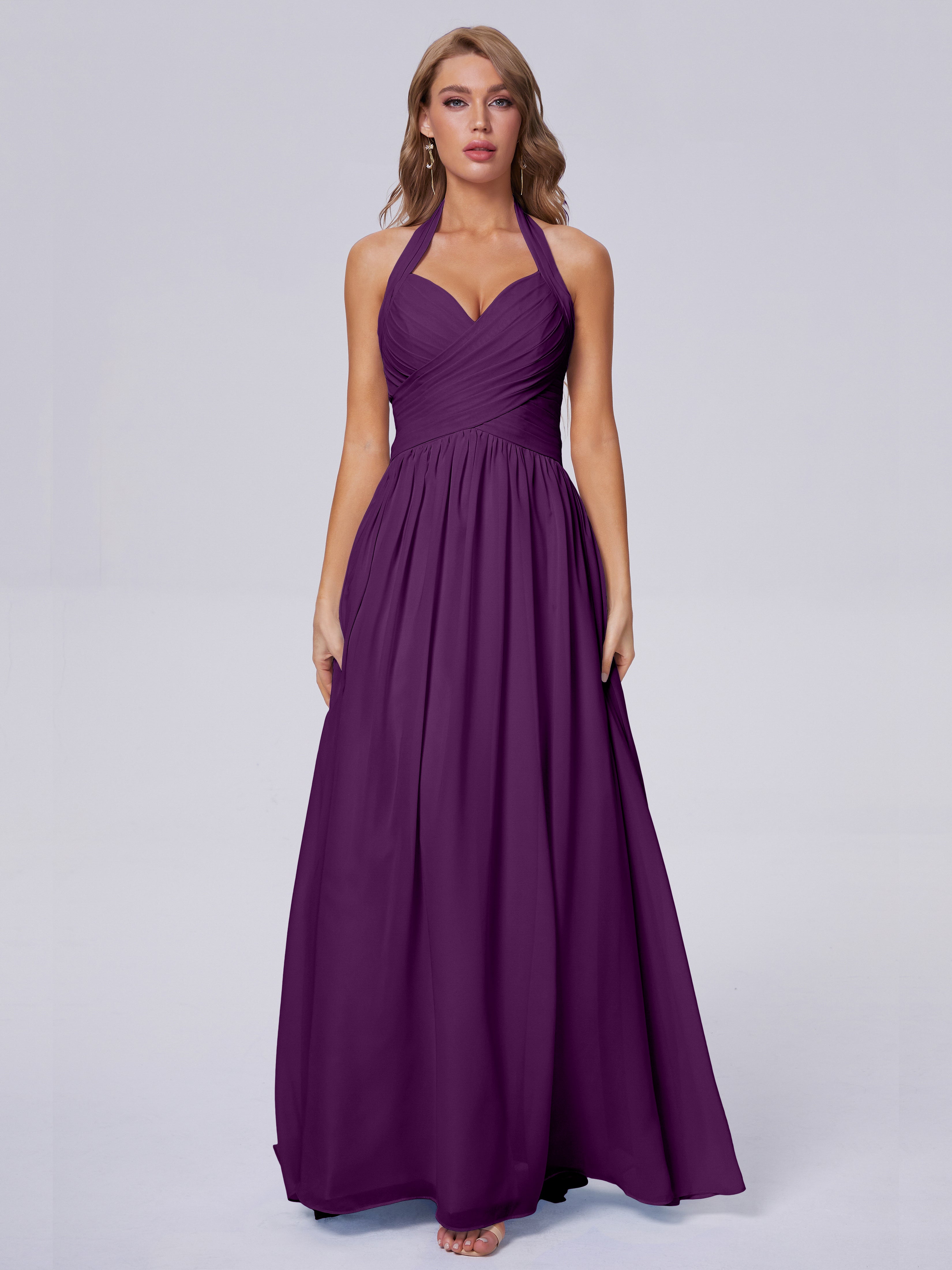 Robes De Demoiselle D'Honneur En Raisin Superbe Licou Mousseline Robes Demoiselle D'Honneur