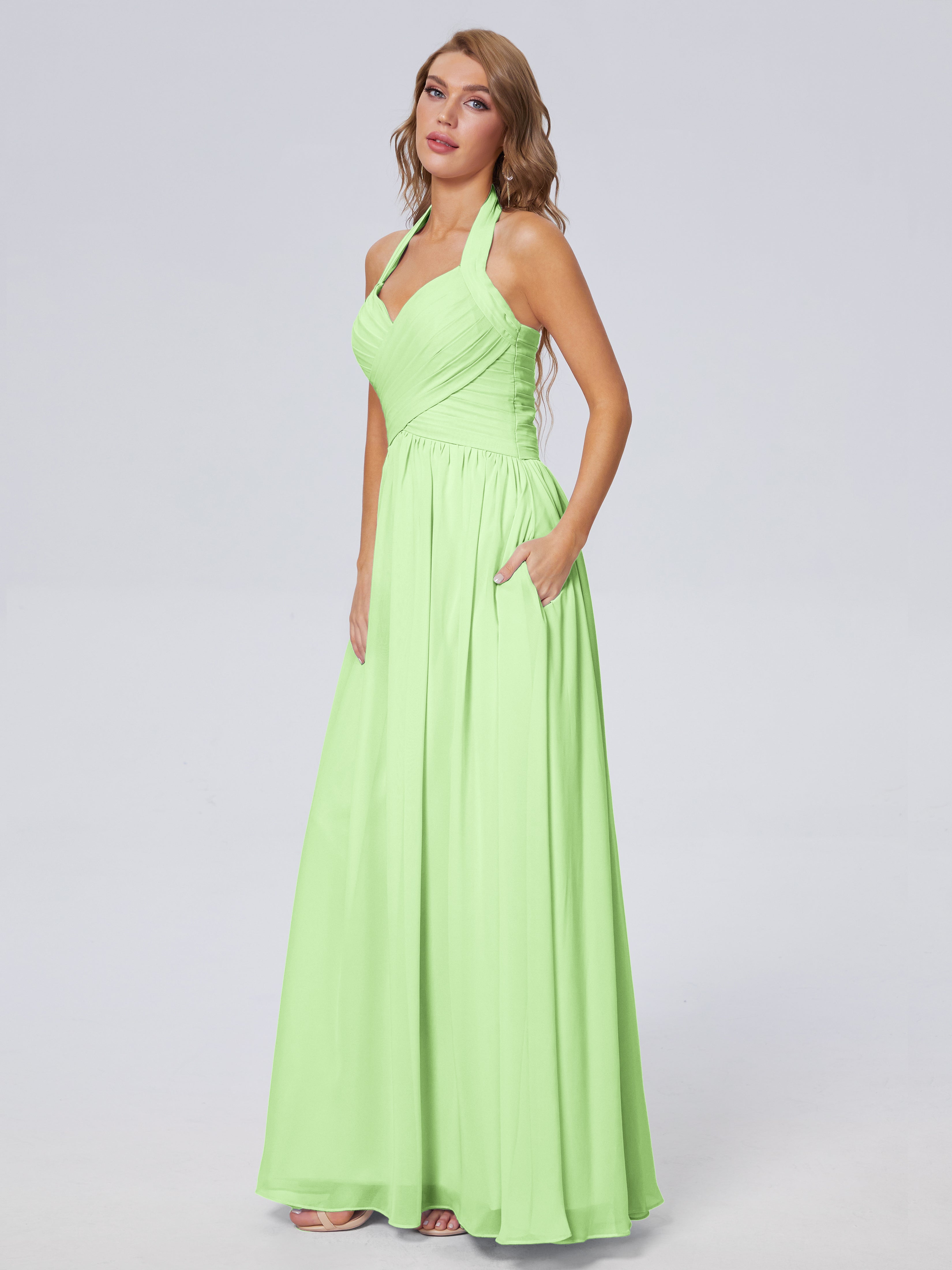 Robe Vert Sauge Demoiselle D Honneur Superbe Licou Mousseline Robes Demoiselle D'Honneur