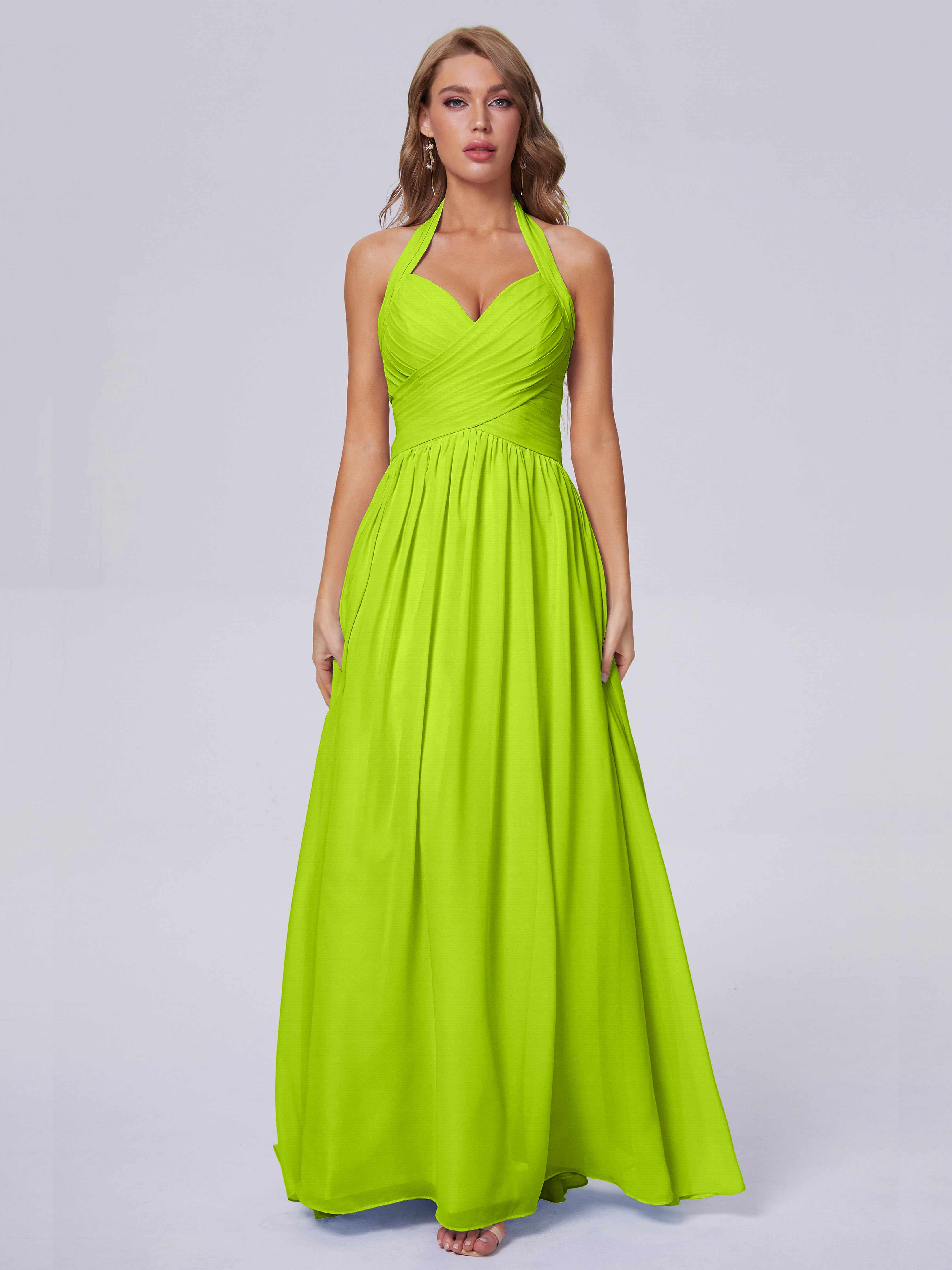 Robes De Demoiselle D'Honneur Vert Citron Superbe Licou Mousseline Robes Demoiselle D'Honneur