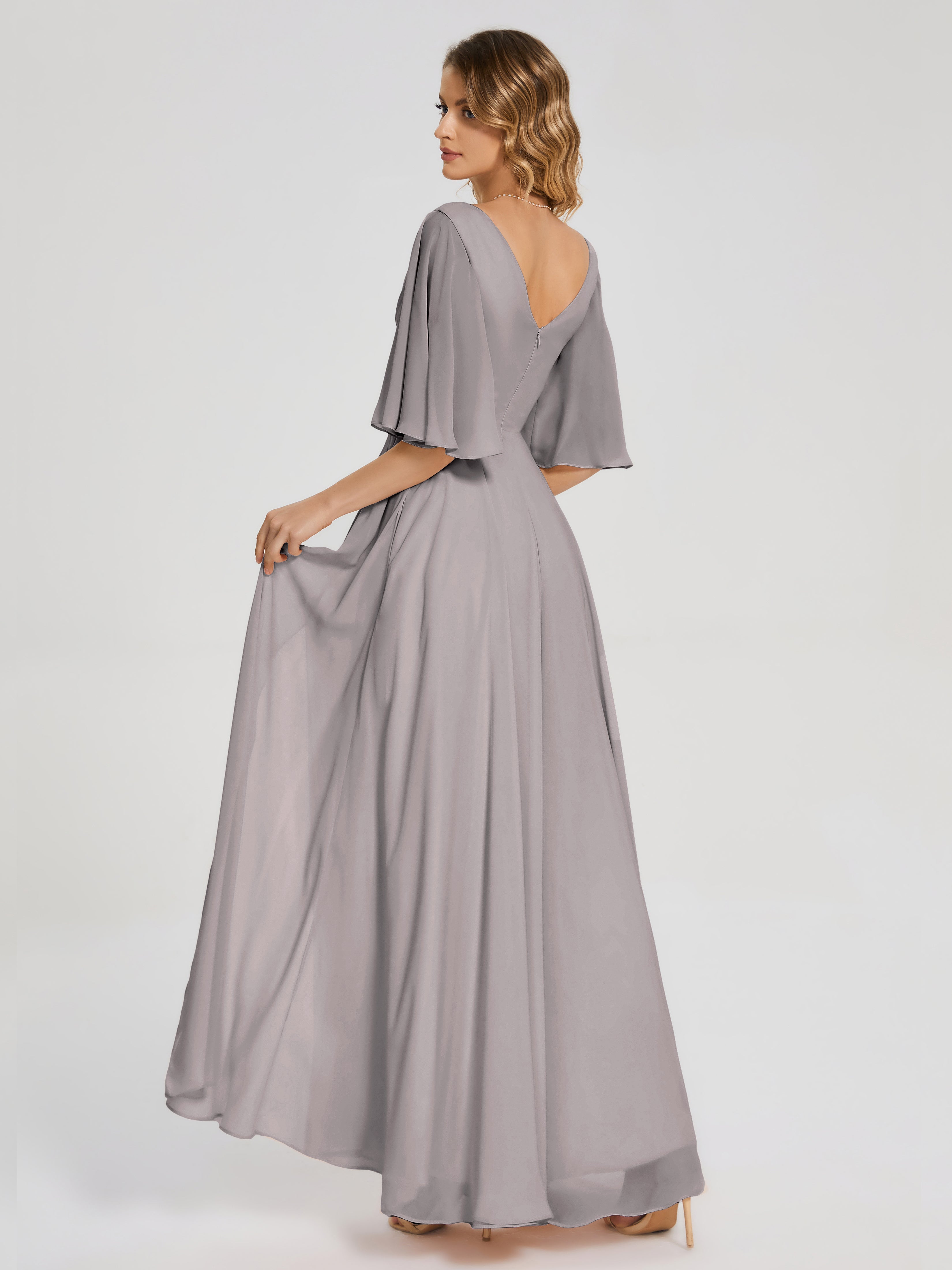 Robes De Demoiselle D'Honneur En Argent Demi Manches Fendue Mousseline Robes Demoiselle D'Honneur