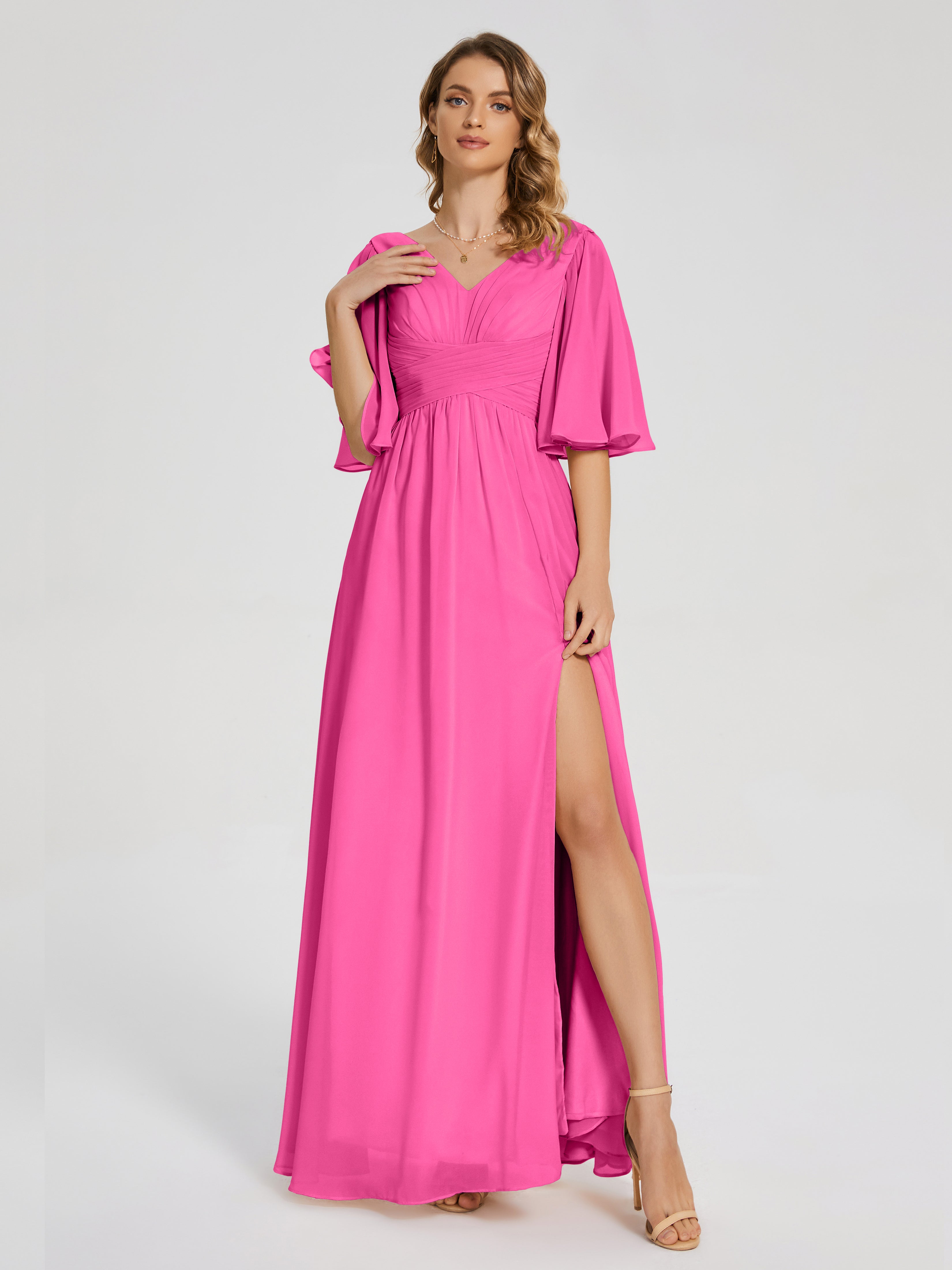 Robe Demoiselle D Honneur En Azalée Demi Manches Fendue Mousseline Robes Demoiselle D'Honneur