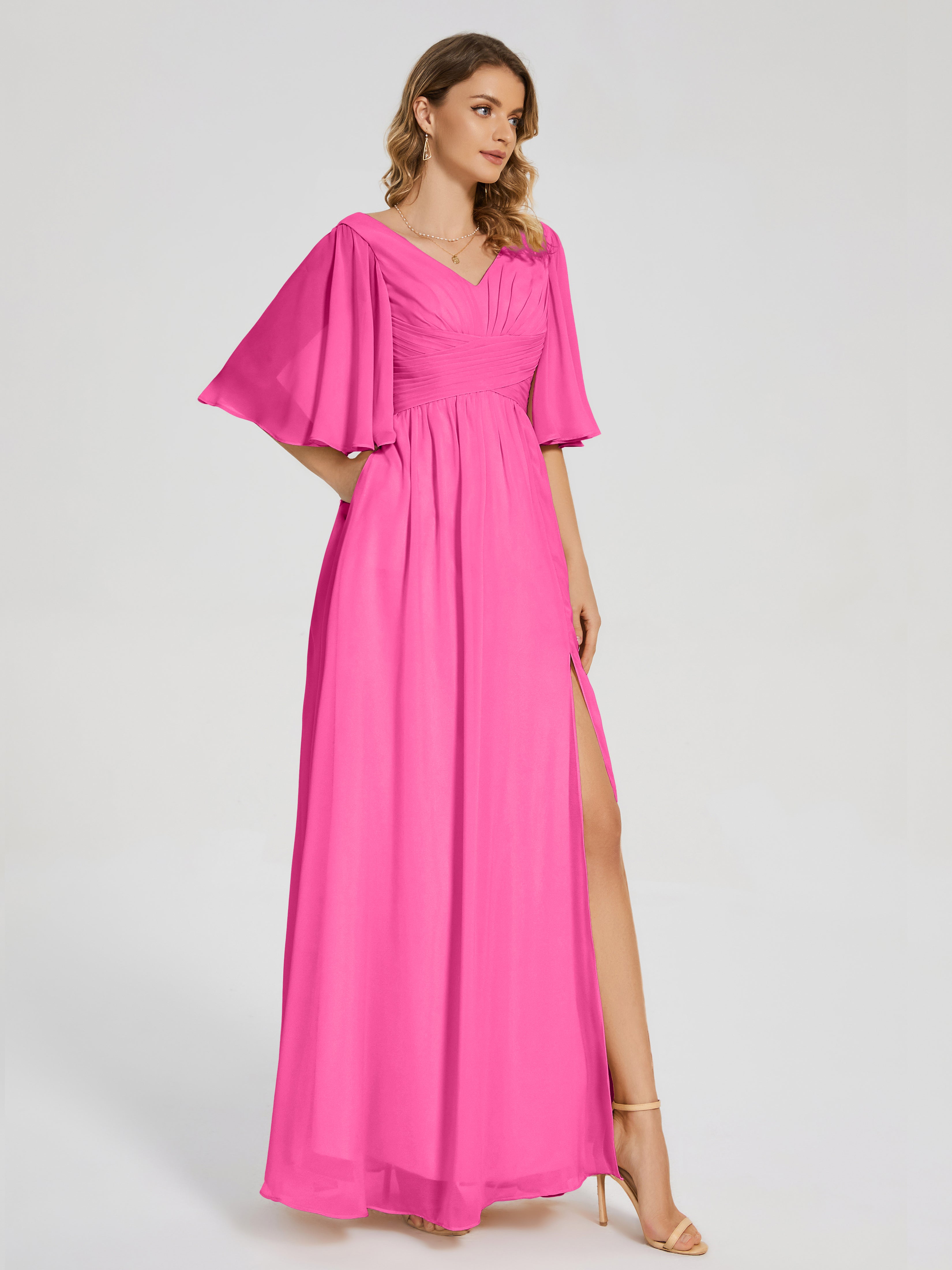 Robe Demoiselle D Honneur En Azalée Demi Manches Fendue Mousseline Robes Demoiselle D'Honneur