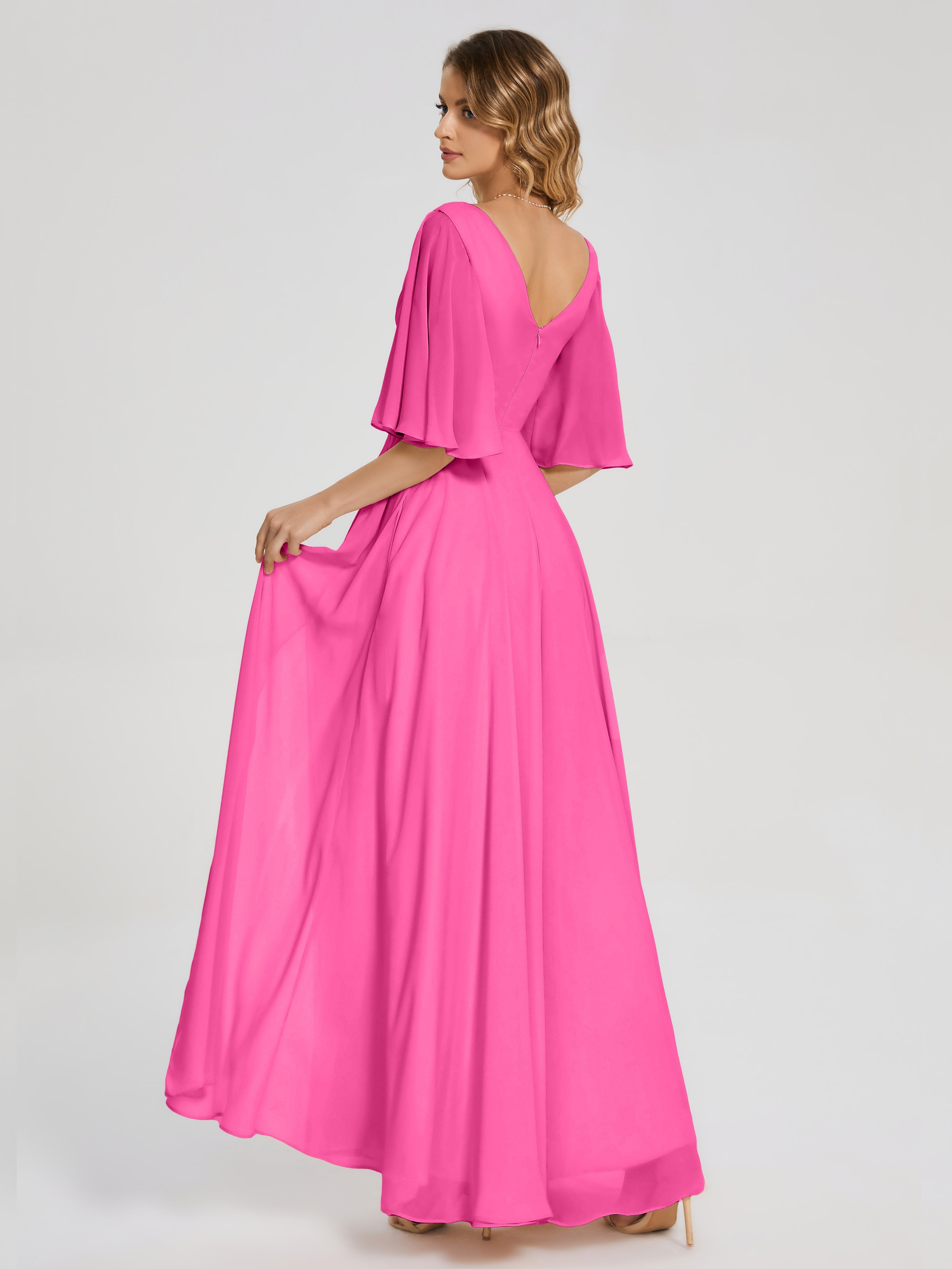 Robe Demoiselle D Honneur En Azalée Demi Manches Fendue Mousseline Robes Demoiselle D'Honneur