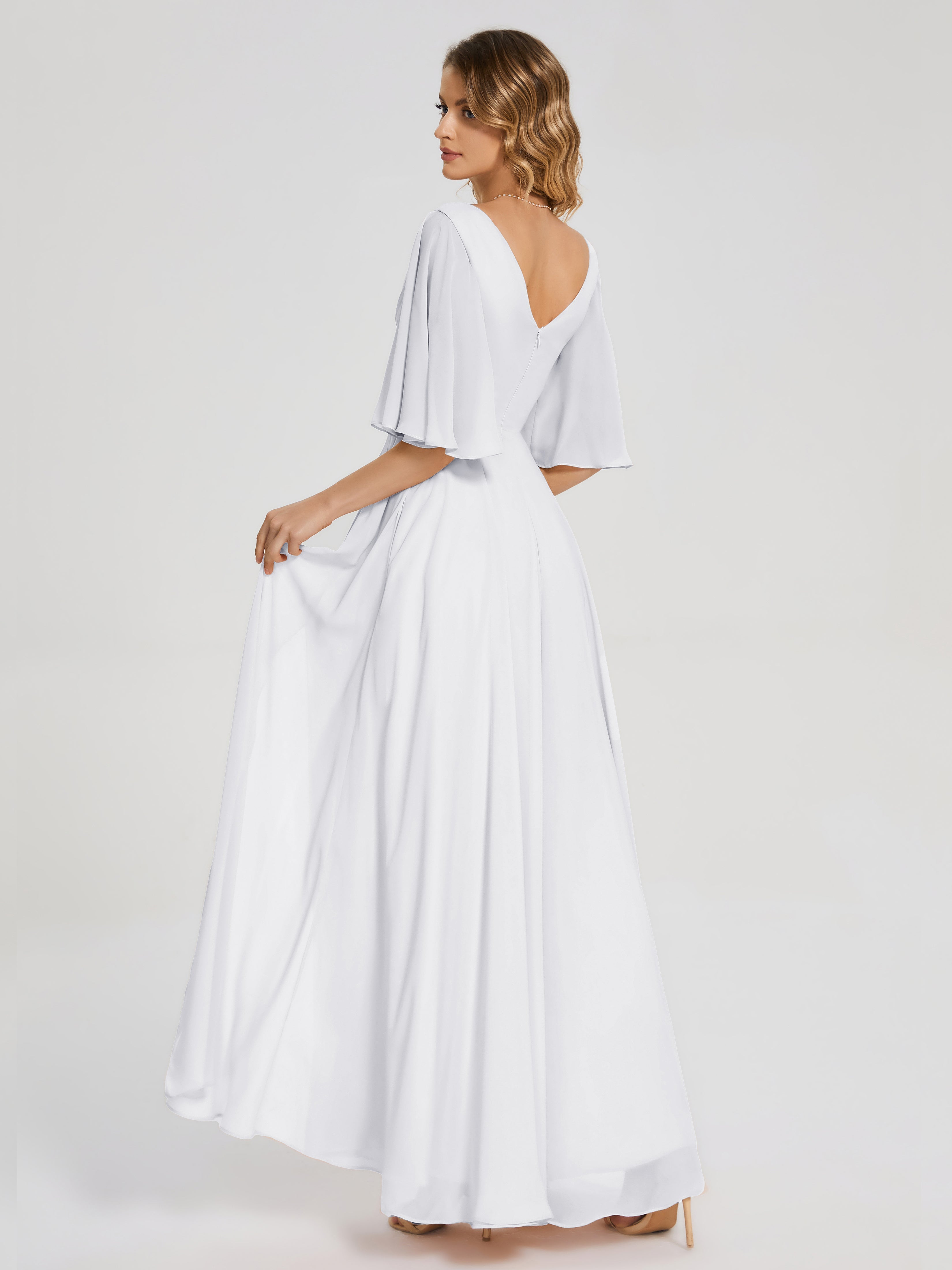 Robe Blanche Demoiselle D Honneur Demi Manches Fendue Mousseline Robes Demoiselle D'Honneur