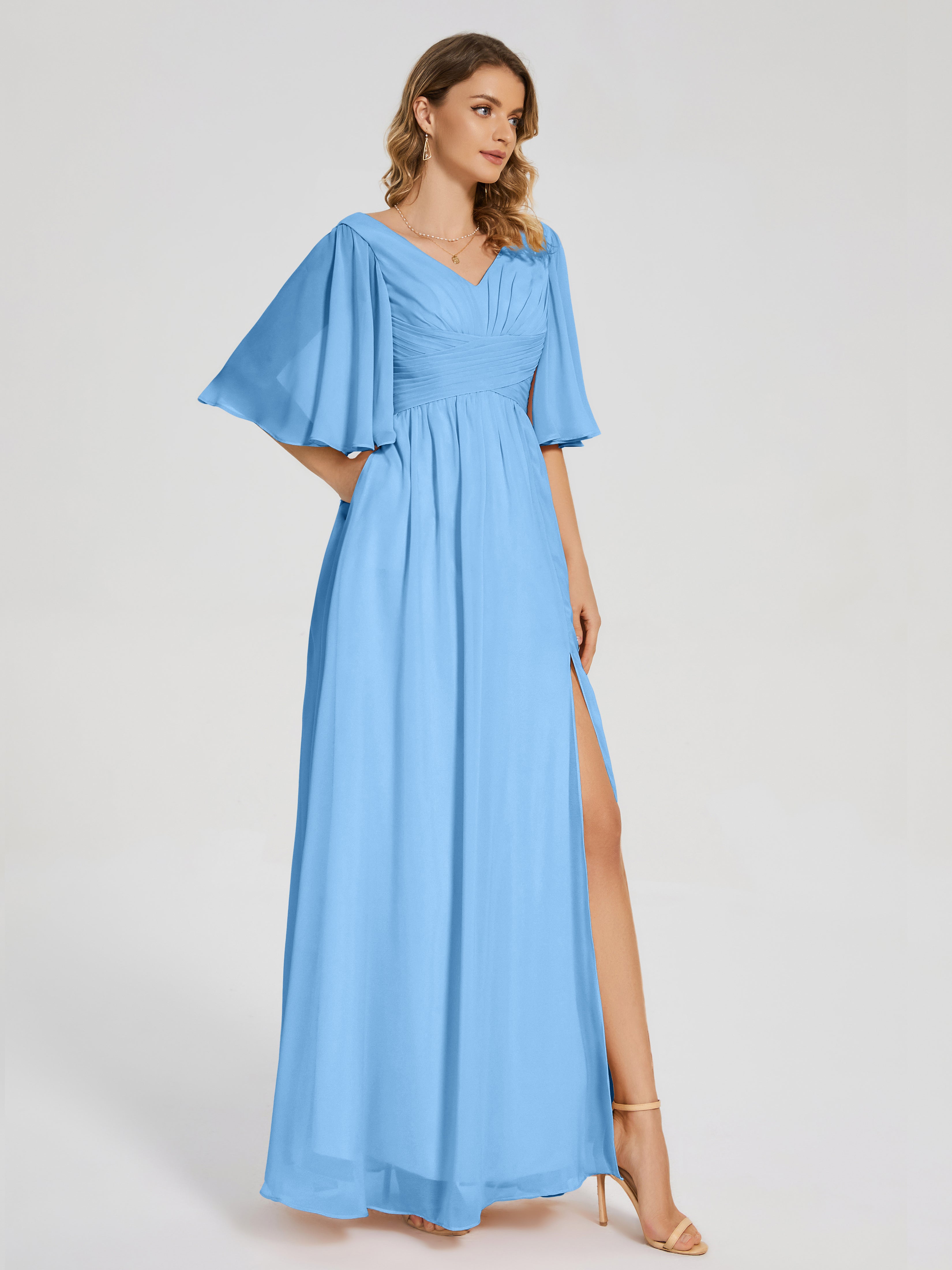 Robe De Demoiselle D Honneur Bleu Demi Manches Fendue Mousseline Robes Demoiselle D'Honneur