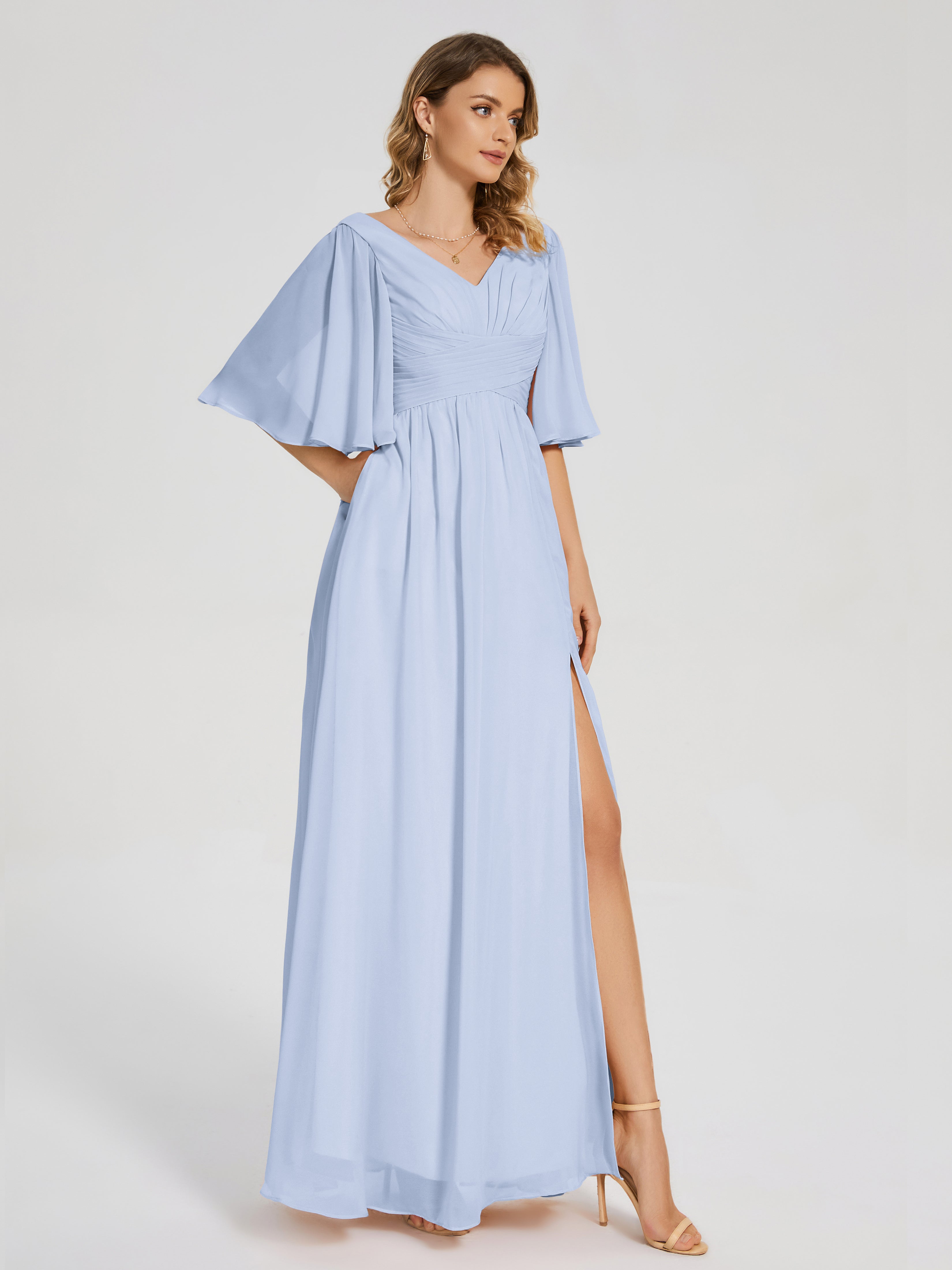 Robe Bleu Ciel Demoiselle D Honneur Demi Manches Fendue Mousseline Robes Demoiselle D'Honneur