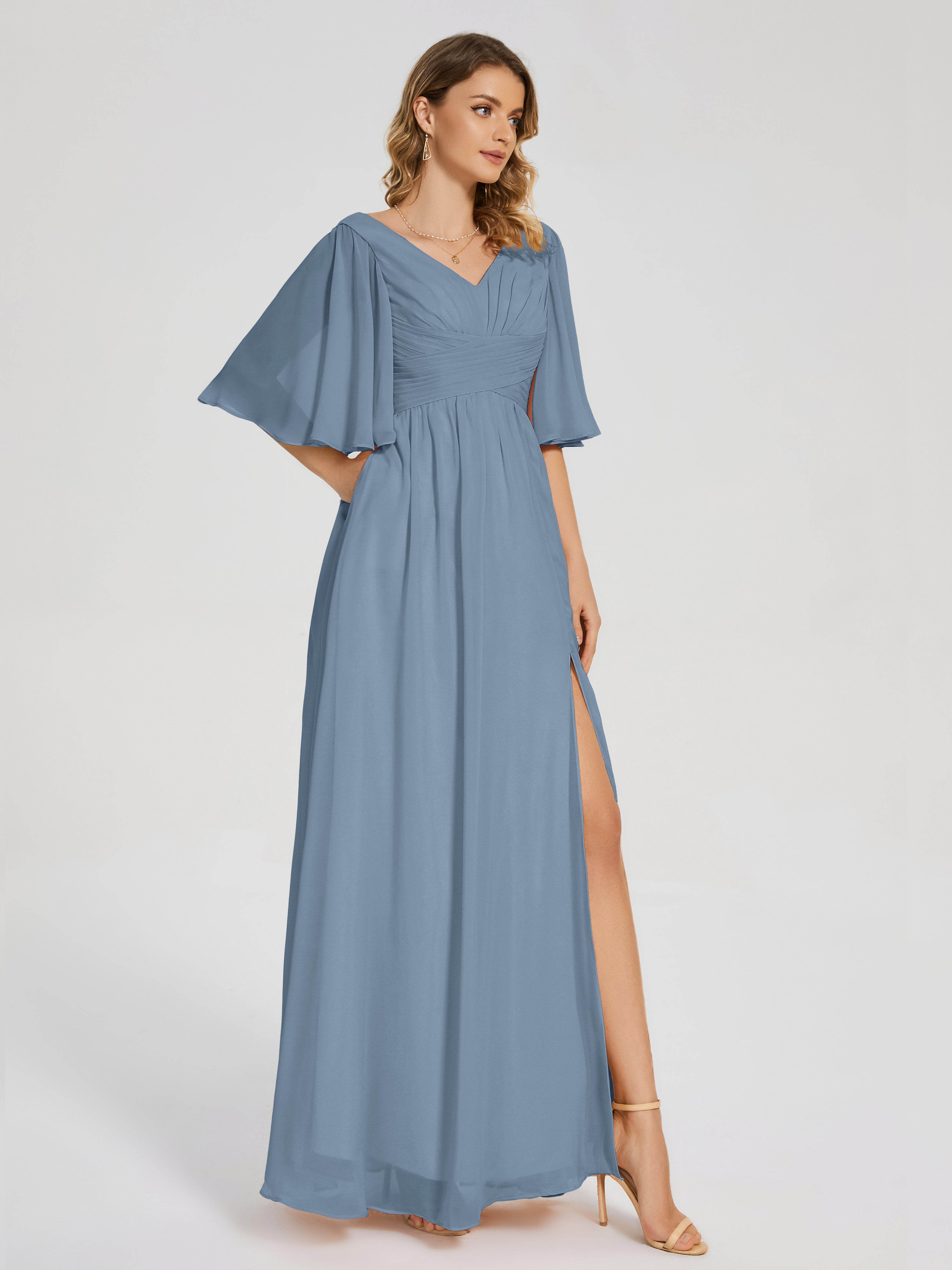 Robes De Demoiselle D'Honneur Bleu De Schiste Demi Manches Fendue Mousseline Robes Demoiselle D'Honneur