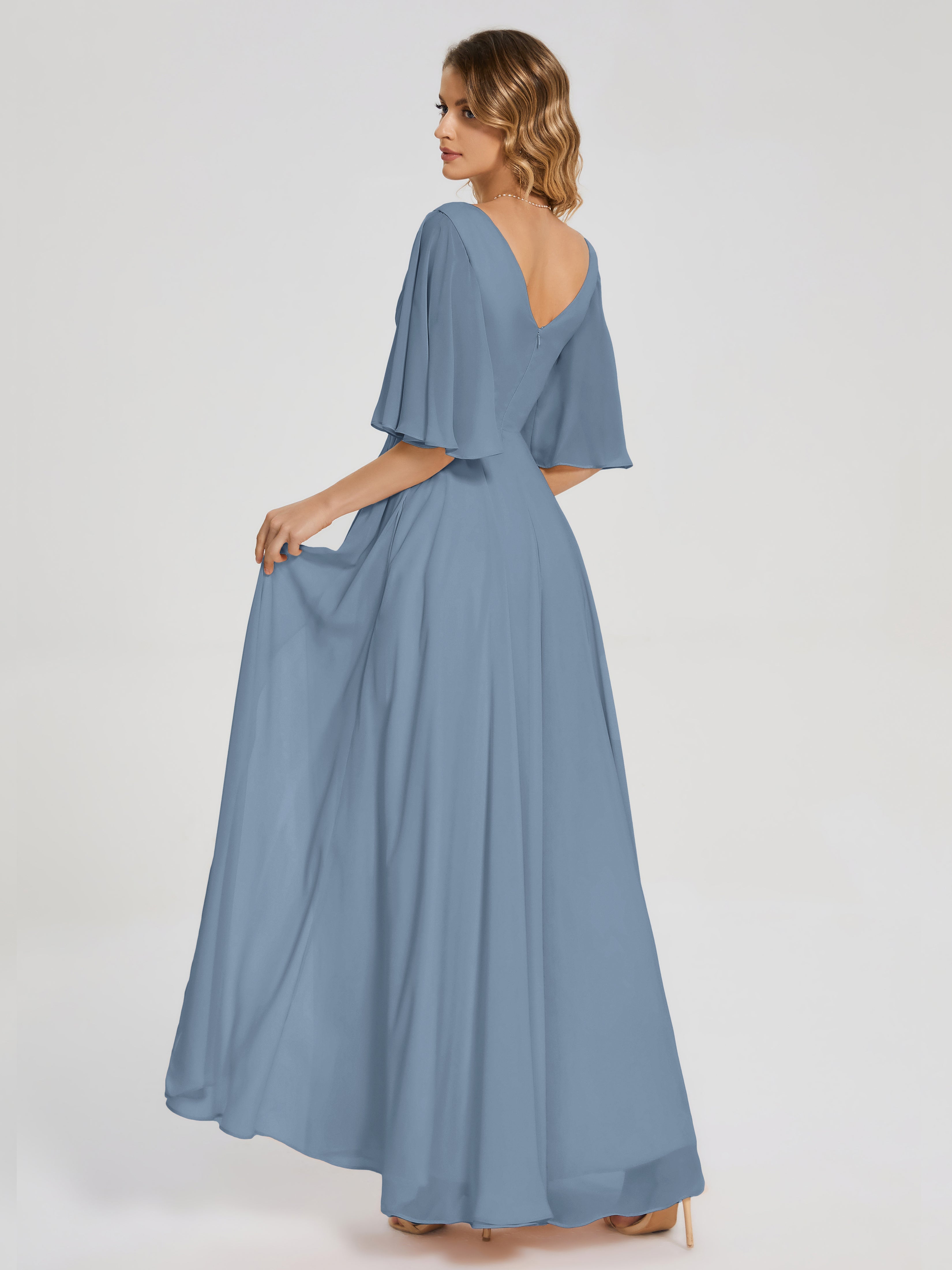 Robes De Demoiselle D'Honneur Bleu De Schiste Demi Manches Fendue Mousseline Robes Demoiselle D'Honneur