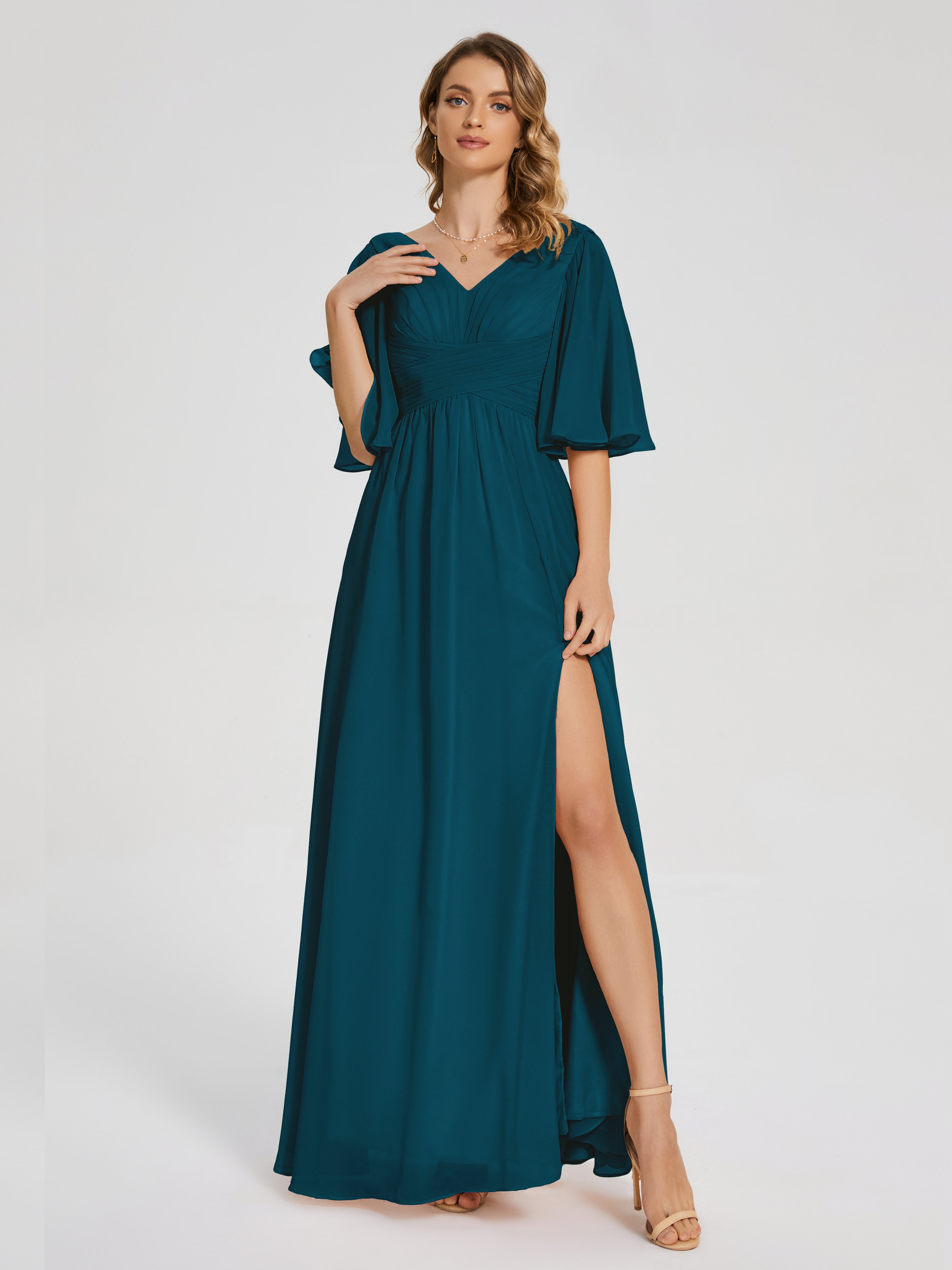 Robes De Demoiselle D'Honneur Bleu Encre Demi Manches Fendue Mousseline Robes Demoiselle D'Honneur