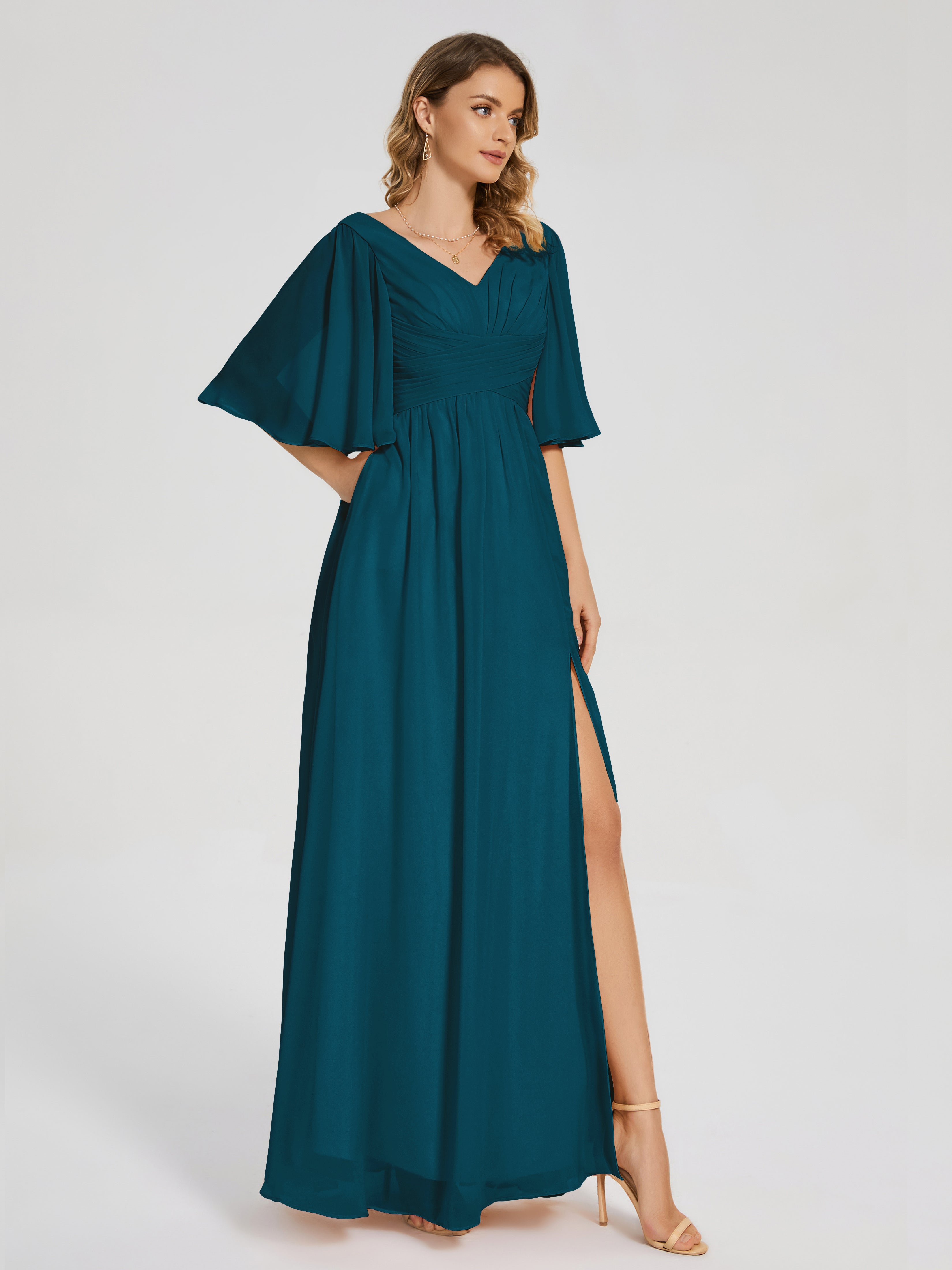 Robes De Demoiselle D'Honneur Bleu Encre Demi Manches Fendue Mousseline Robes Demoiselle D'Honneur