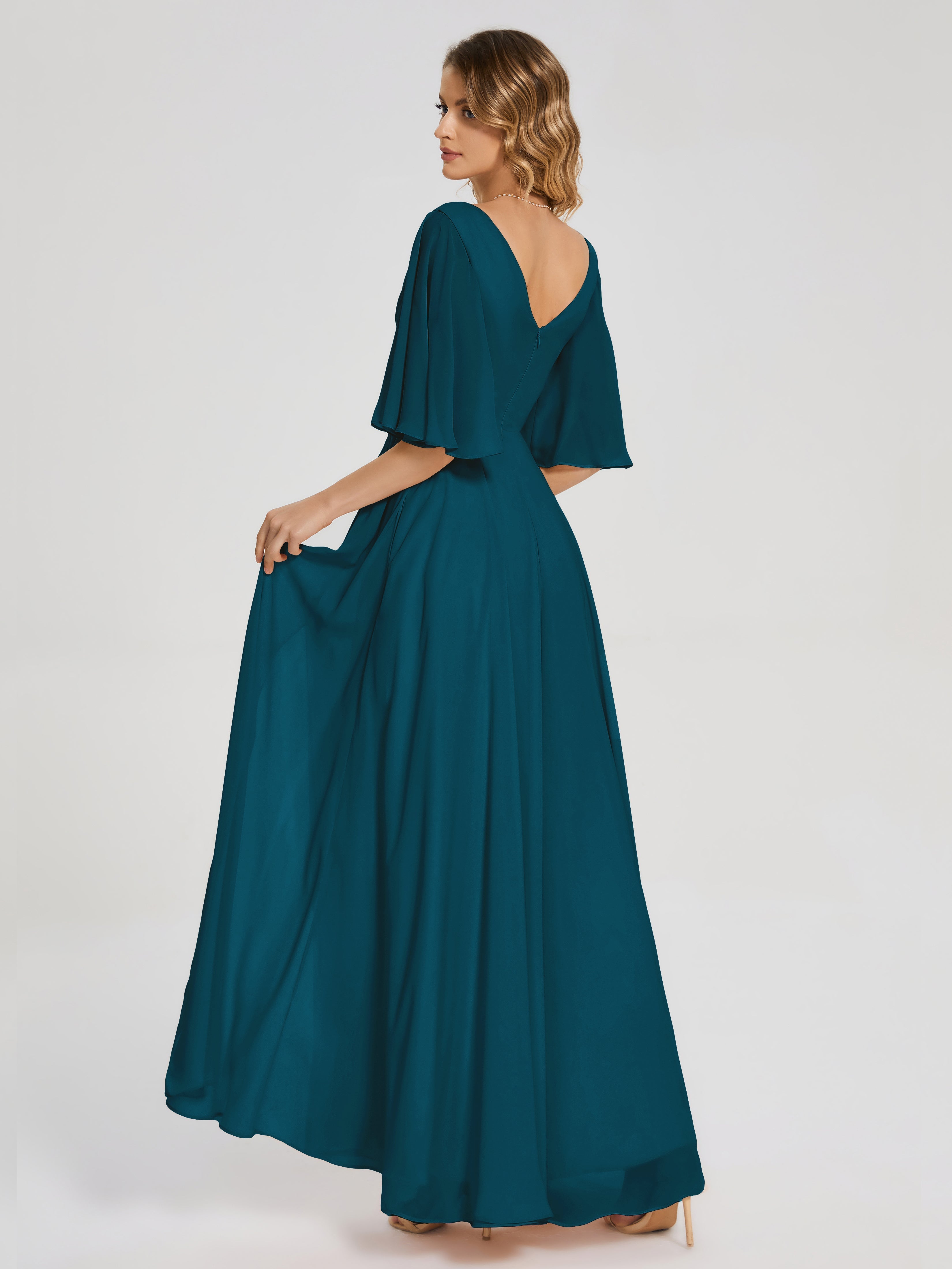 Robes De Demoiselle D'Honneur Bleu Encre Demi Manches Fendue Mousseline Robes Demoiselle D'Honneur