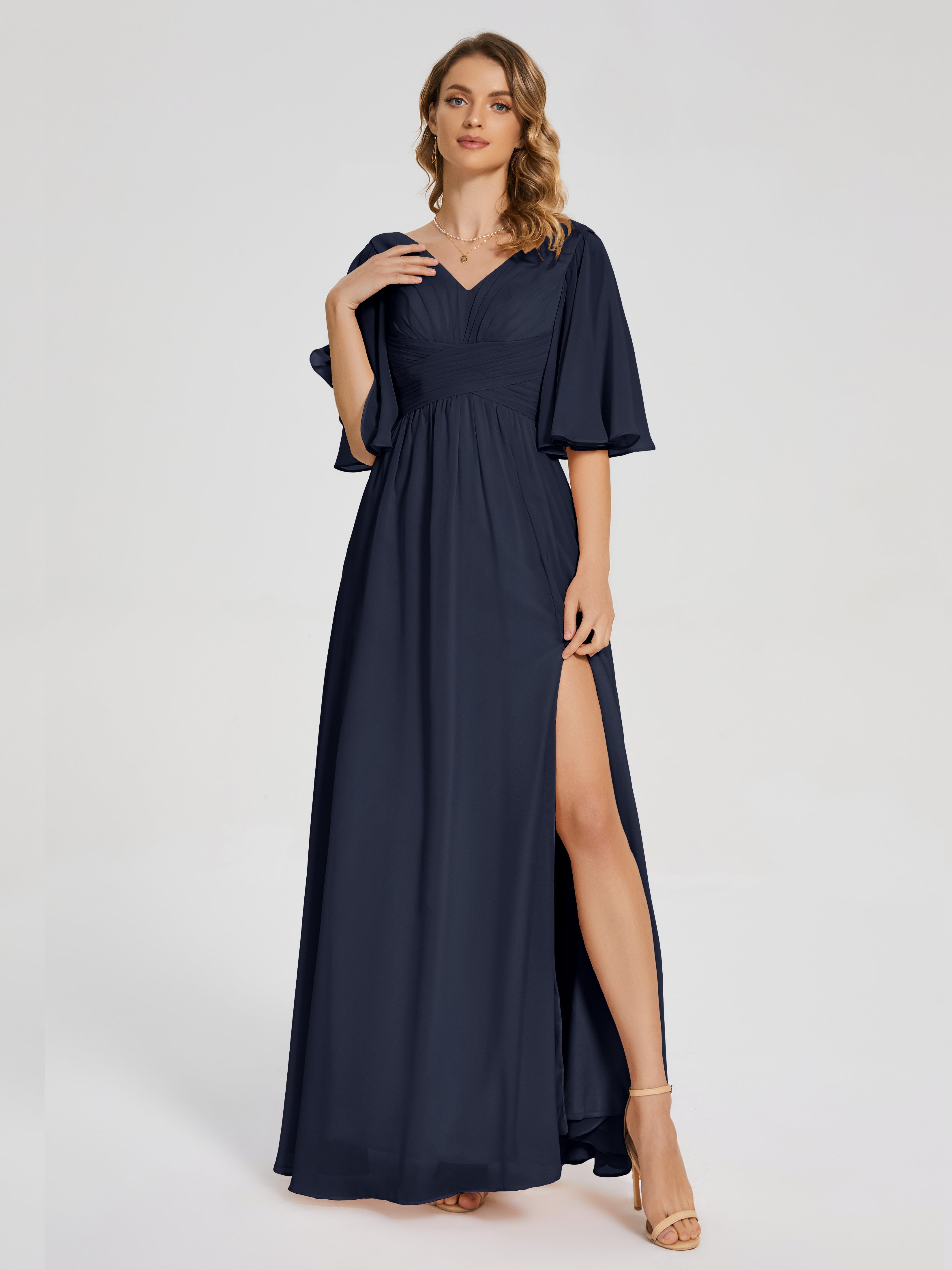 Demoiselle D'Honneur Bleu Marine Demi Manches Fendue Mousseline Robes Demoiselle D'Honneur