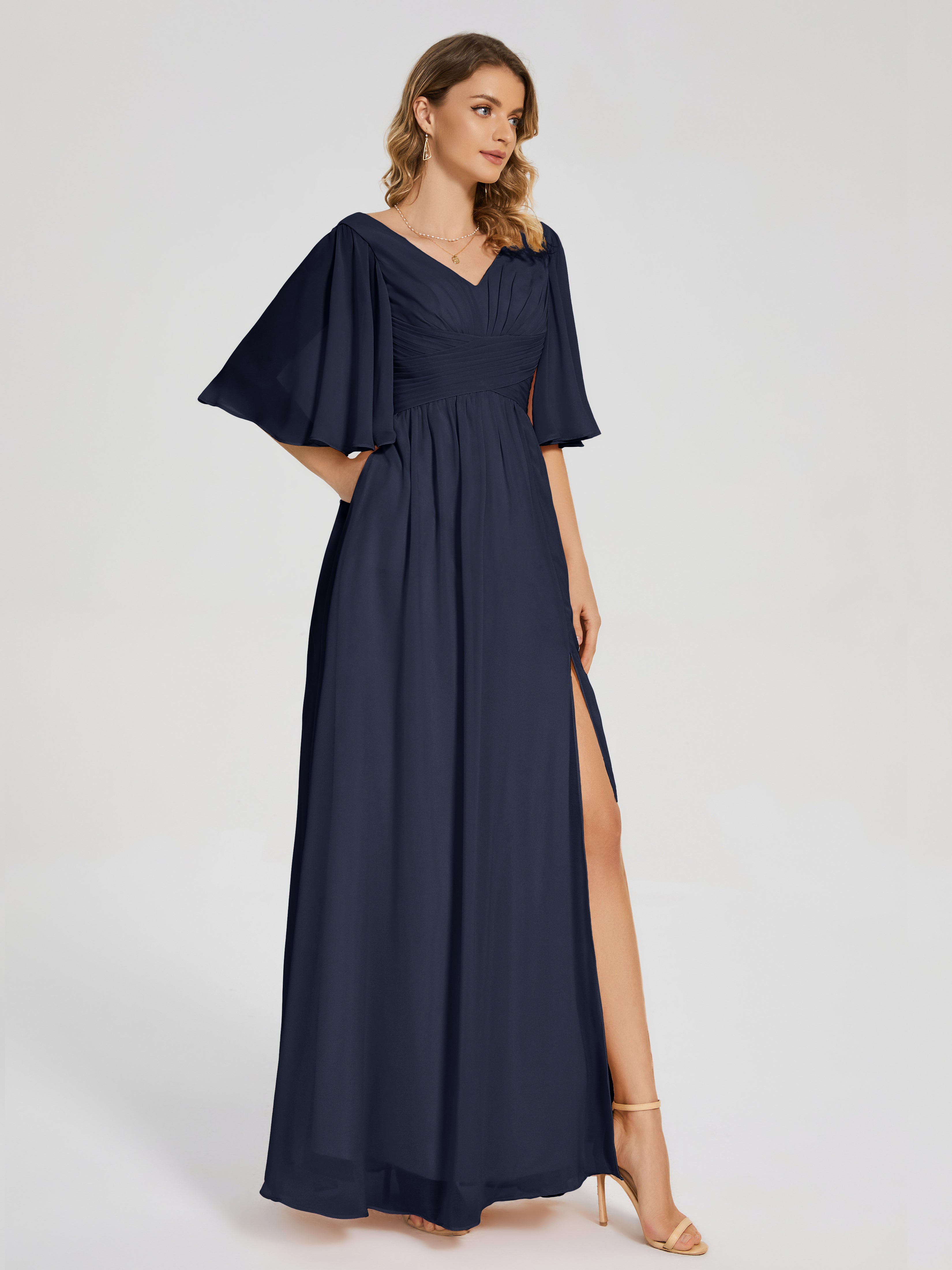 Demoiselle D'Honneur Bleu Marine Demi Manches Fendue Mousseline Robes Demoiselle D'Honneur