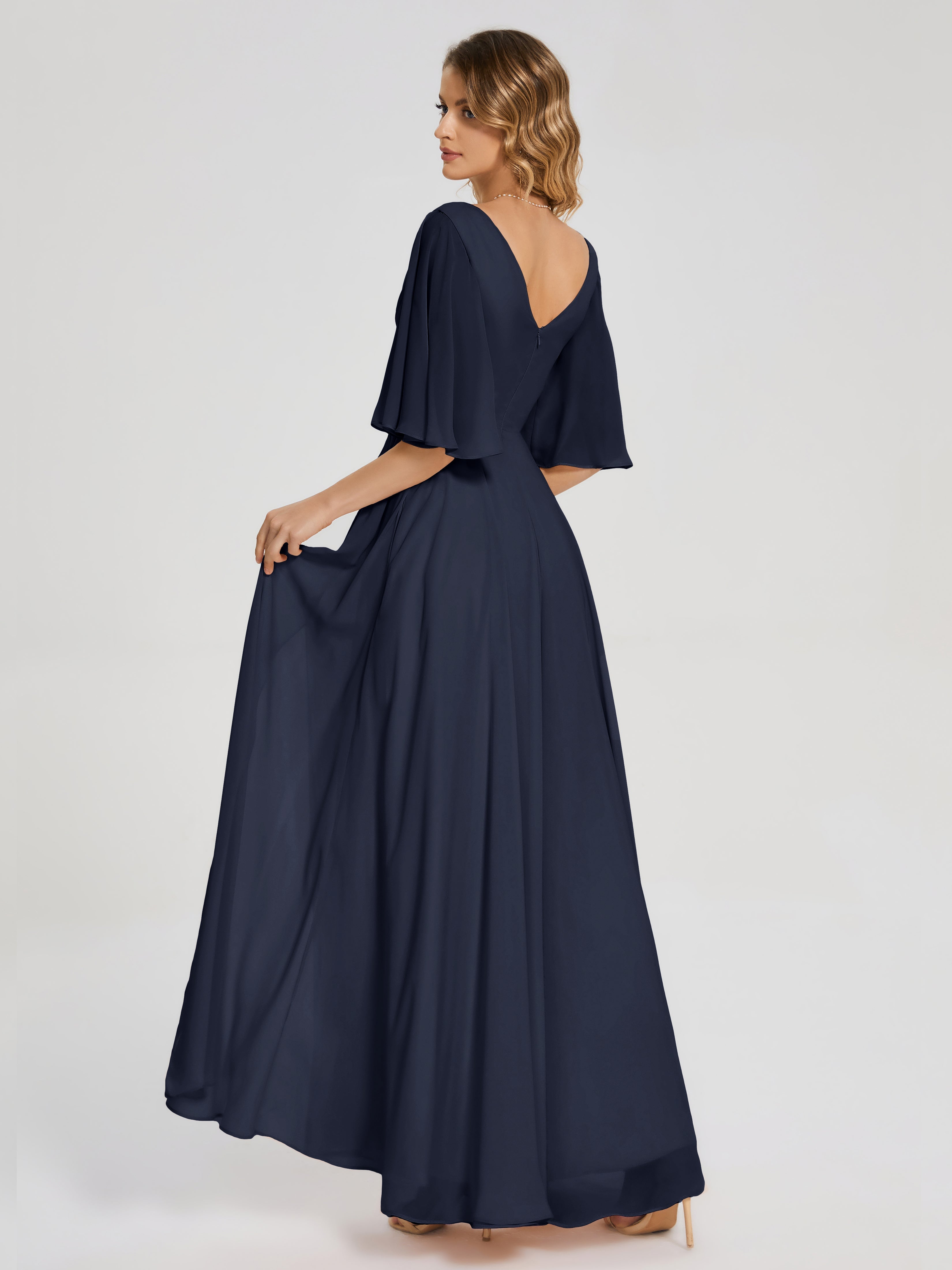 Demoiselle D'Honneur Bleu Marine Demi Manches Fendue Mousseline Robes Demoiselle D'Honneur