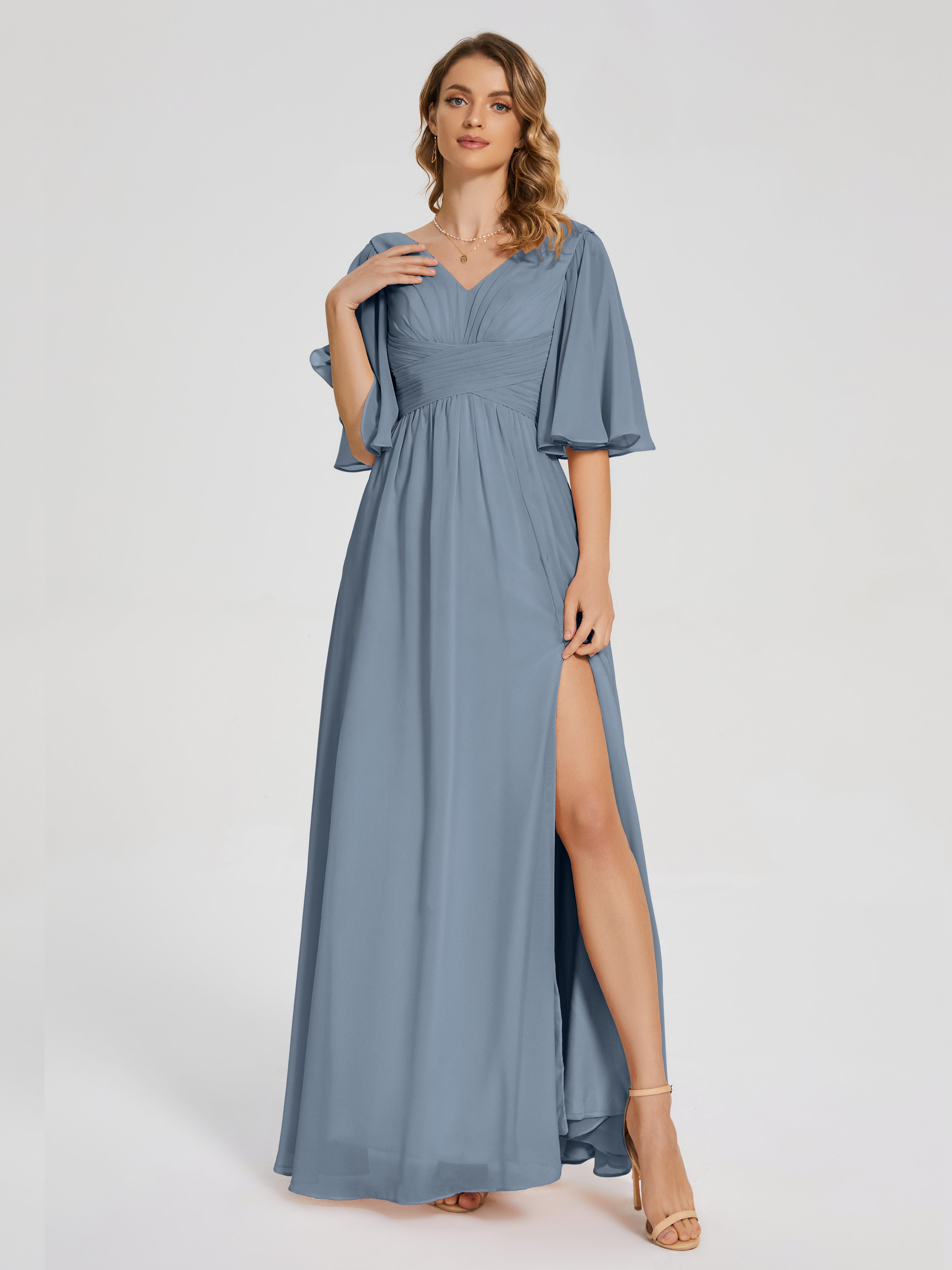 Robes De Demoiselle D'Honneur Bleu Poussiéreux Demi Manches Fendue Mousseline Robes Demoiselle D'Honneur