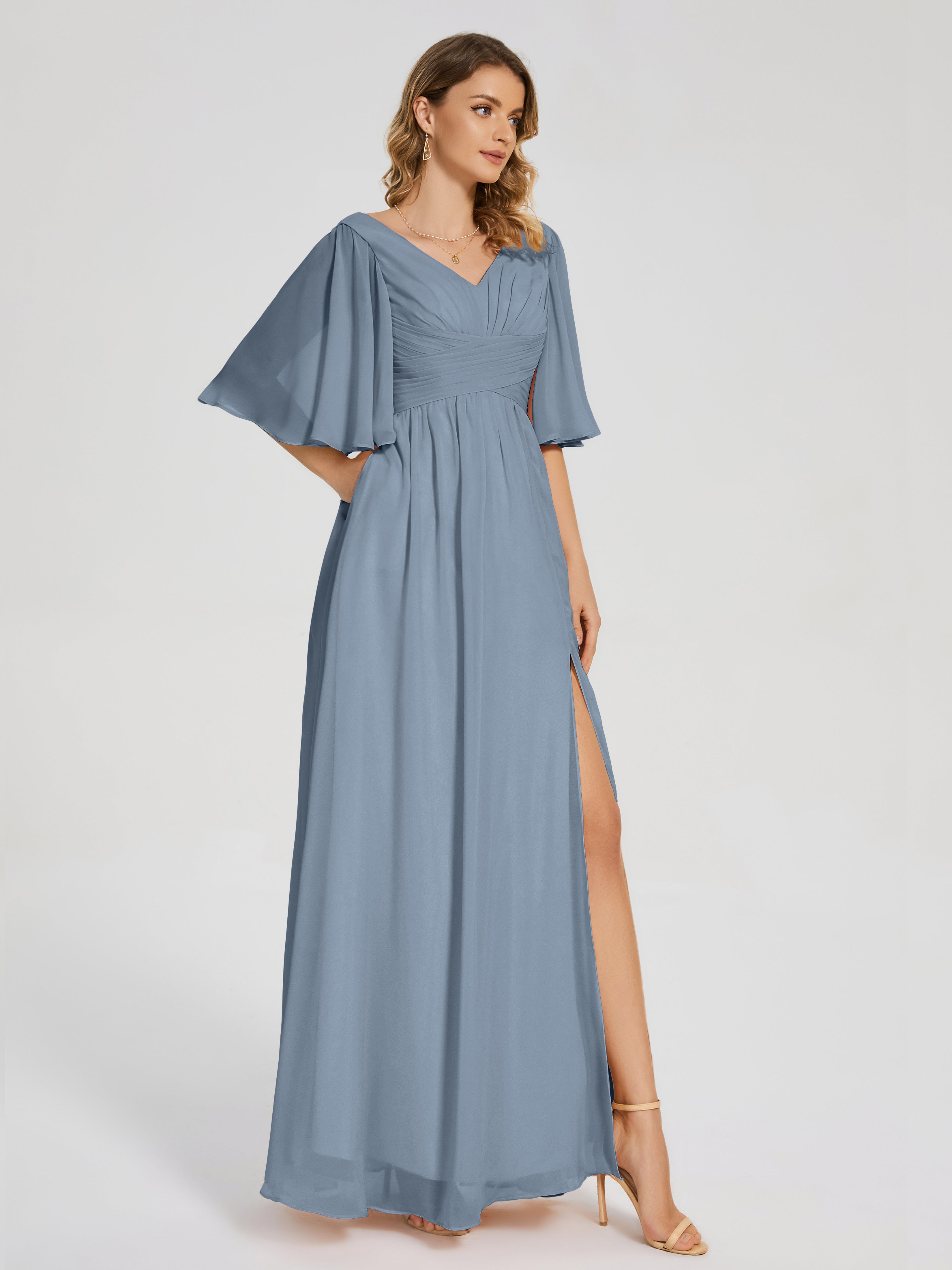 Robes De Demoiselle D'Honneur Bleu Poussiéreux Demi Manches Fendue Mousseline Robes Demoiselle D'Honneur