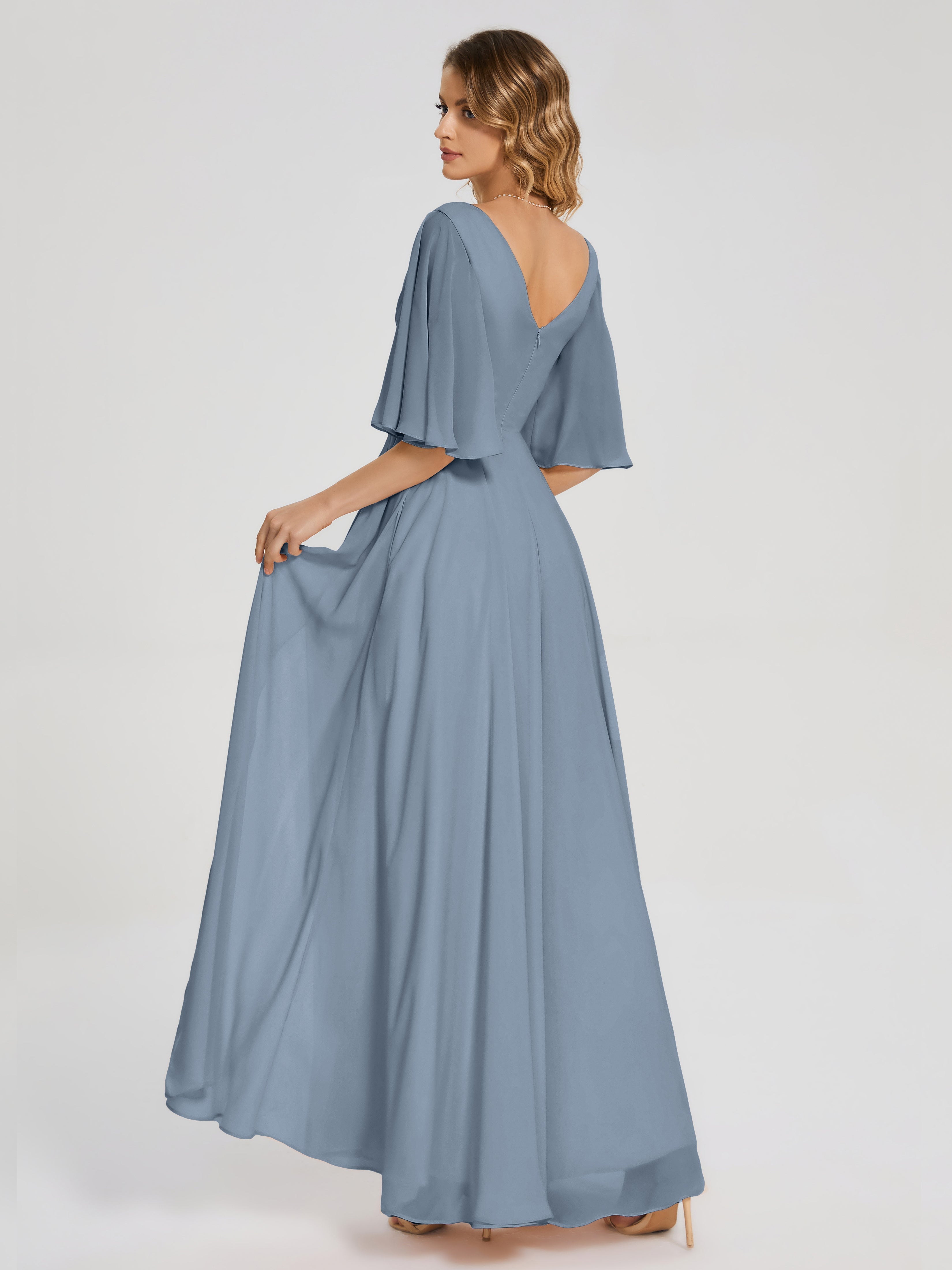 Robes De Demoiselle D'Honneur Bleu Poussiéreux Demi Manches Fendue Mousseline Robes Demoiselle D'Honneur