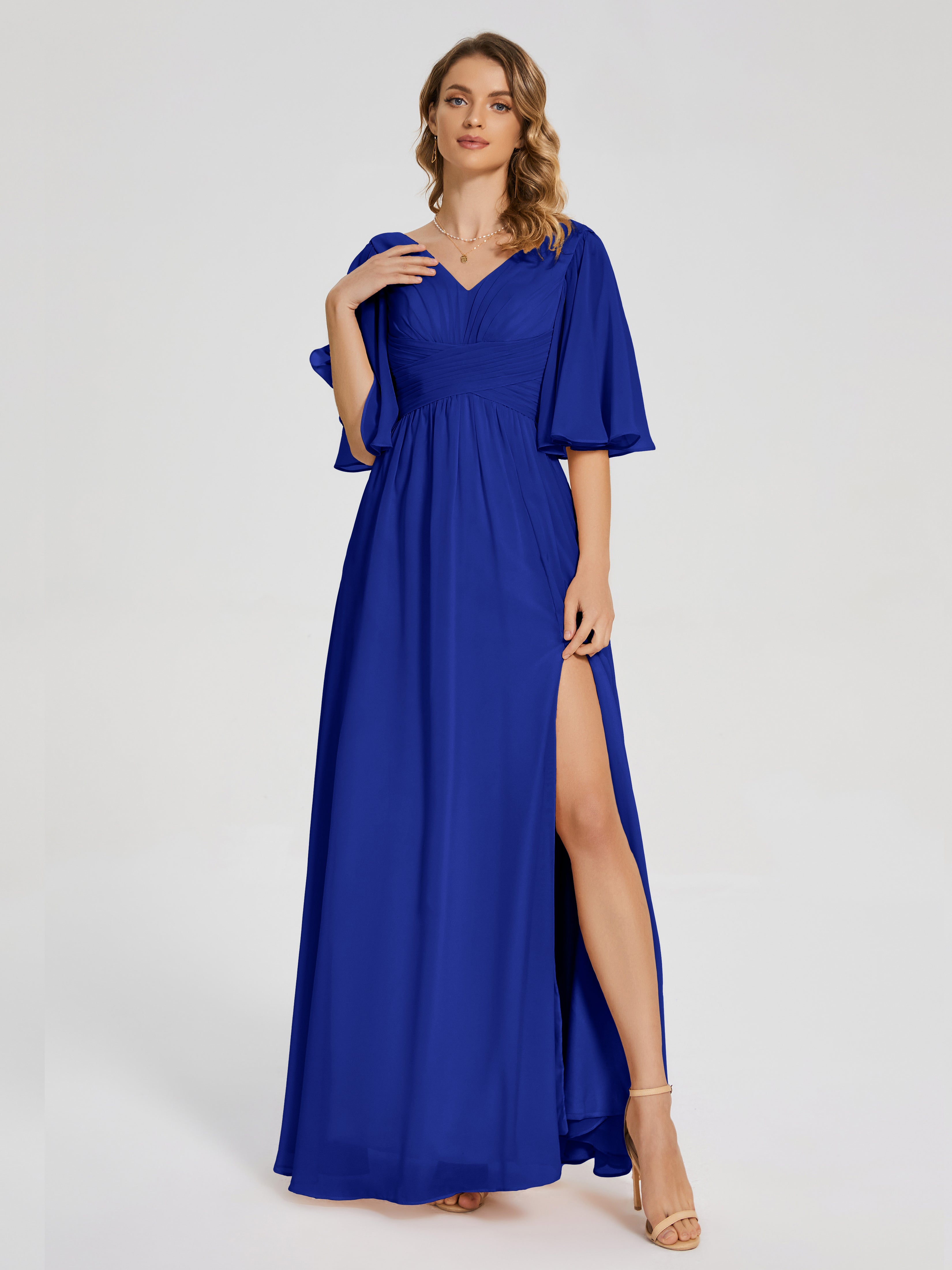 Robe Demoiselle D Honneur Bleu Royal Demi Manches Fendue Mousseline Robes Demoiselle D'Honneur