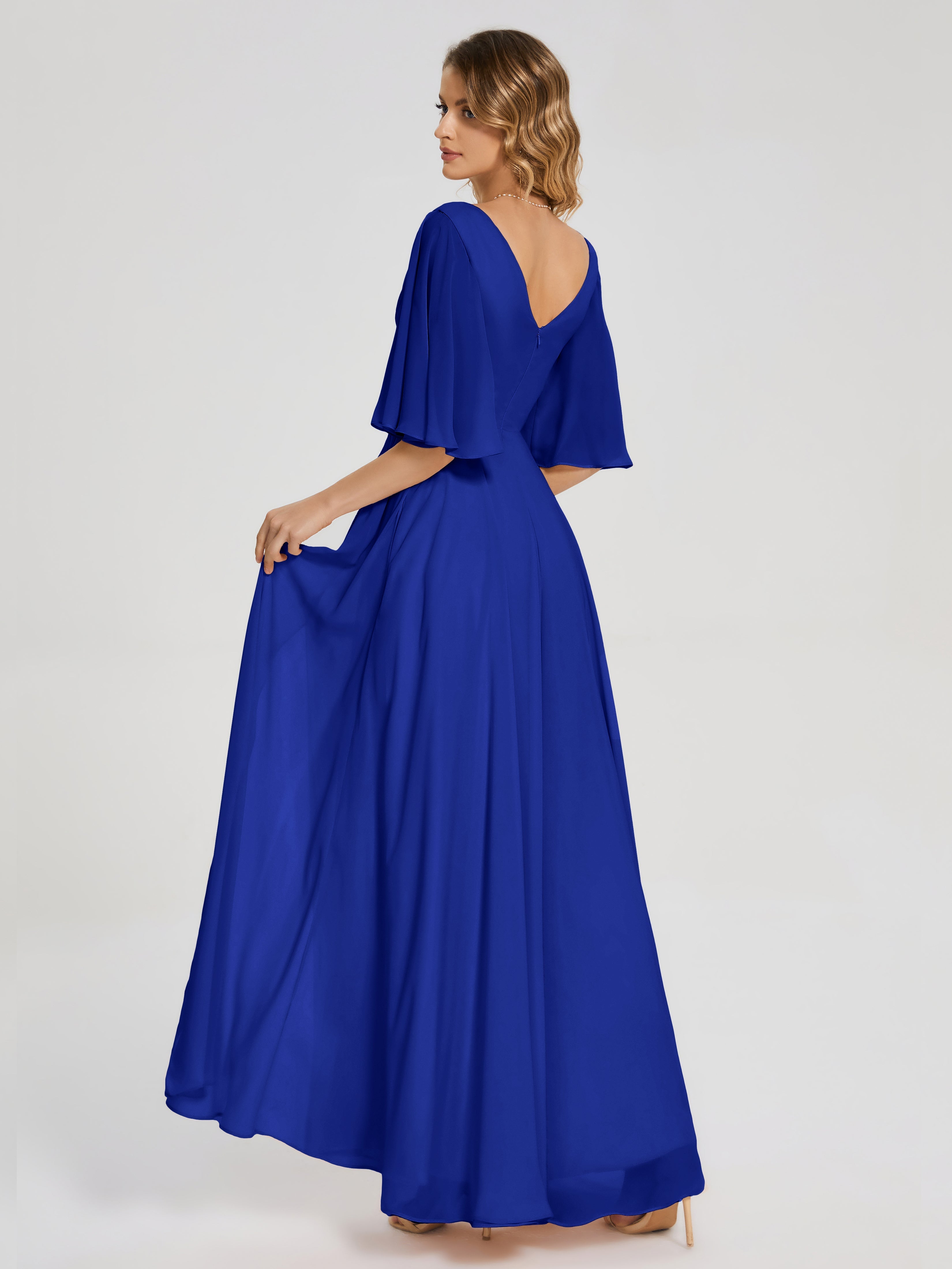 Robe Demoiselle D Honneur Bleu Royal Demi Manches Fendue Mousseline Robes Demoiselle D'Honneur