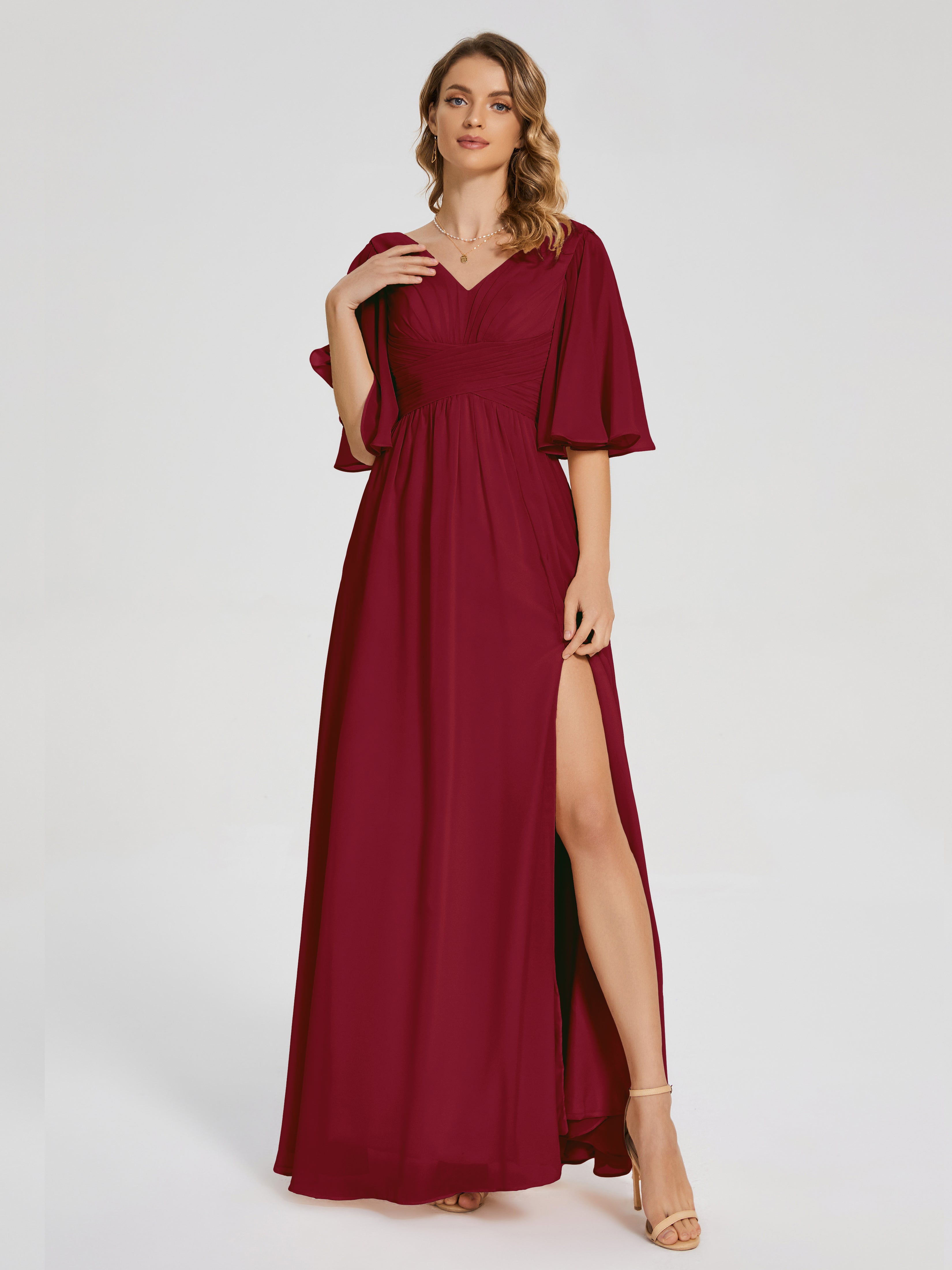 Robes De Demoiselle D'Honneur Bordeaux À Moins De 101 $ Demi Manches Fendue Mousseline Robes Demoiselle D'Honneur