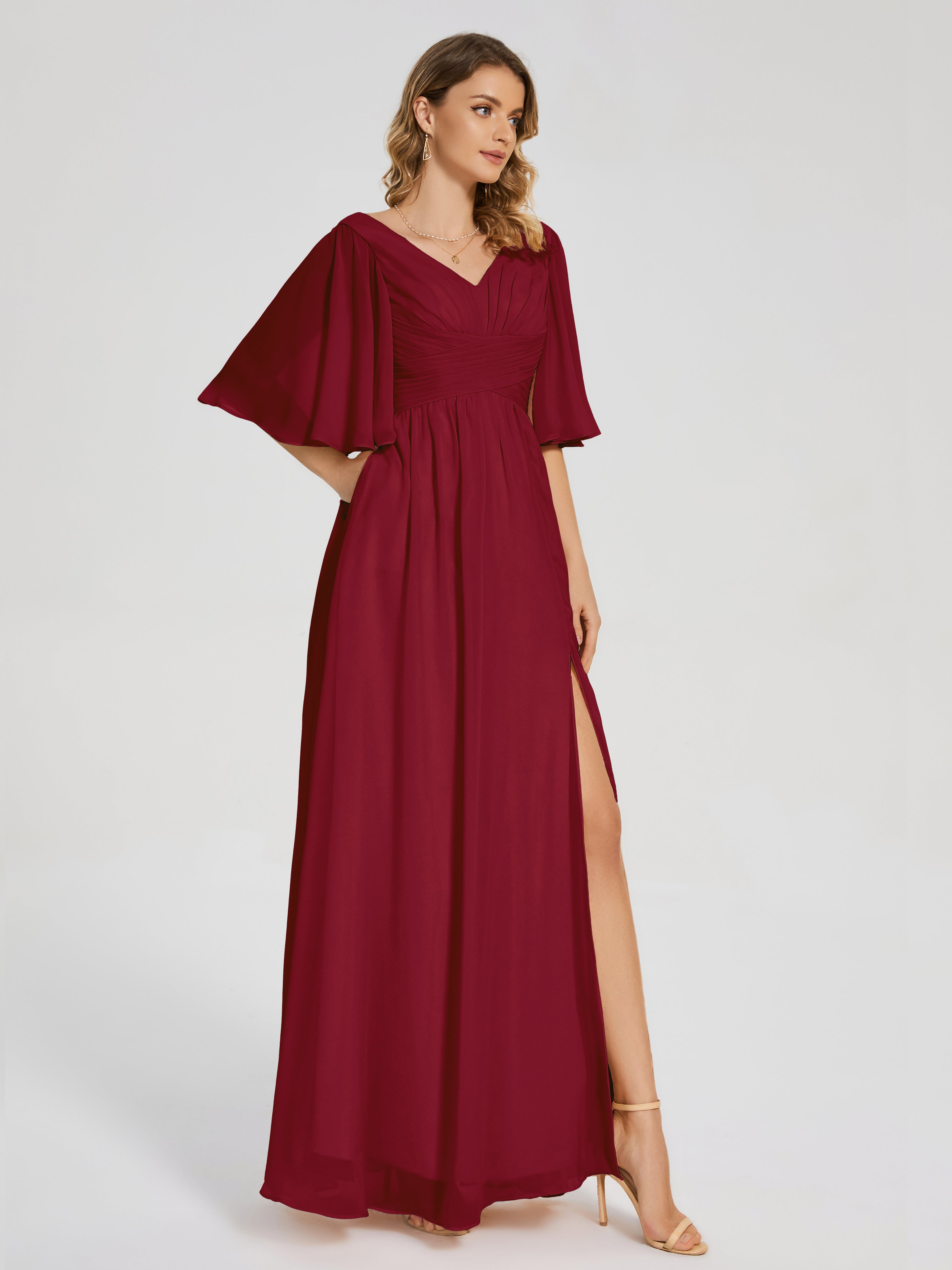 Robes De Demoiselle D'Honneur Bordeaux À Moins De 101 $ Demi Manches Fendue Mousseline Robes Demoiselle D'Honneur