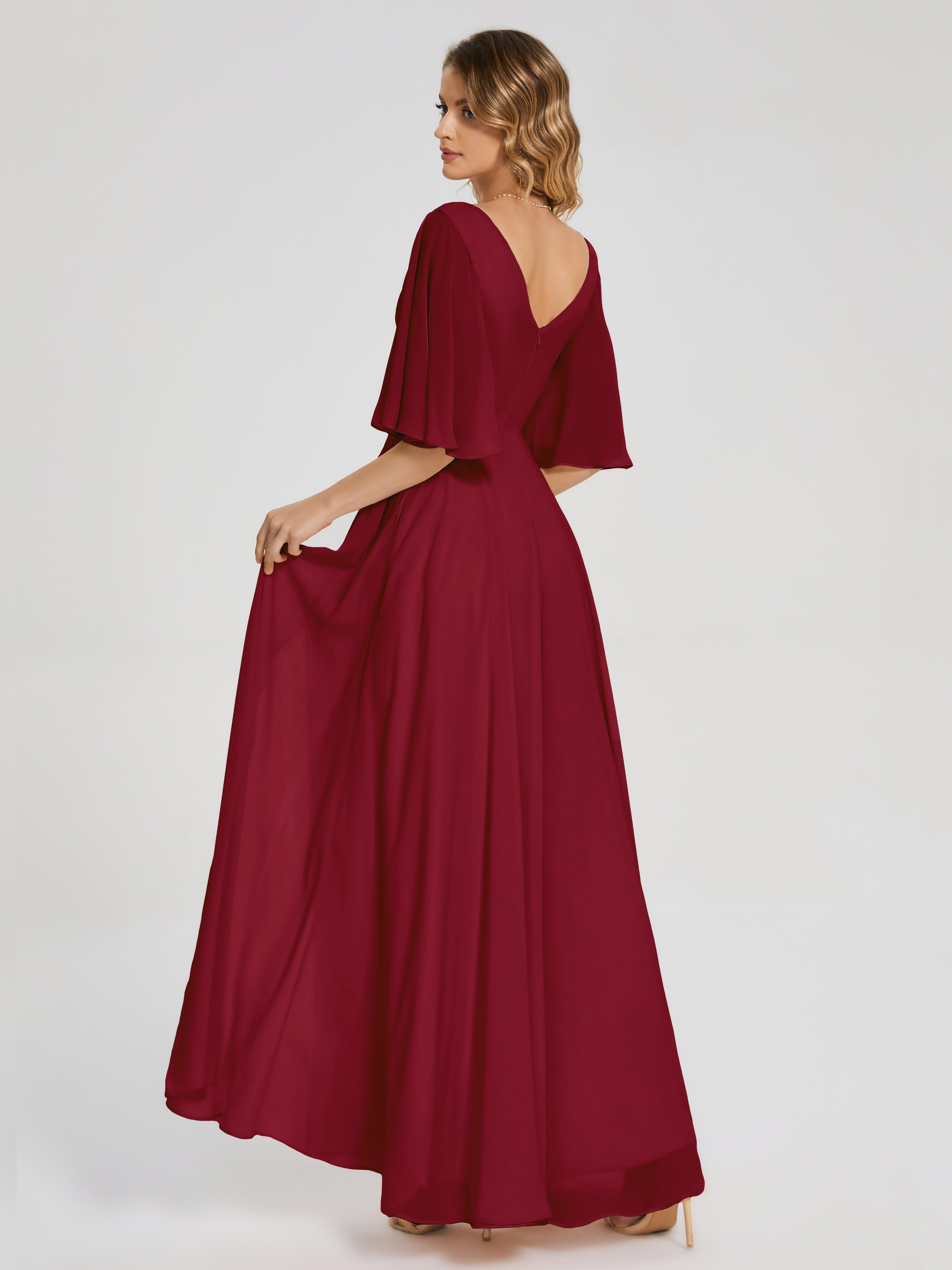 Robes De Demoiselle D'Honneur Bordeaux À Moins De 101 $ Demi Manches Fendue Mousseline Robes Demoiselle D'Honneur