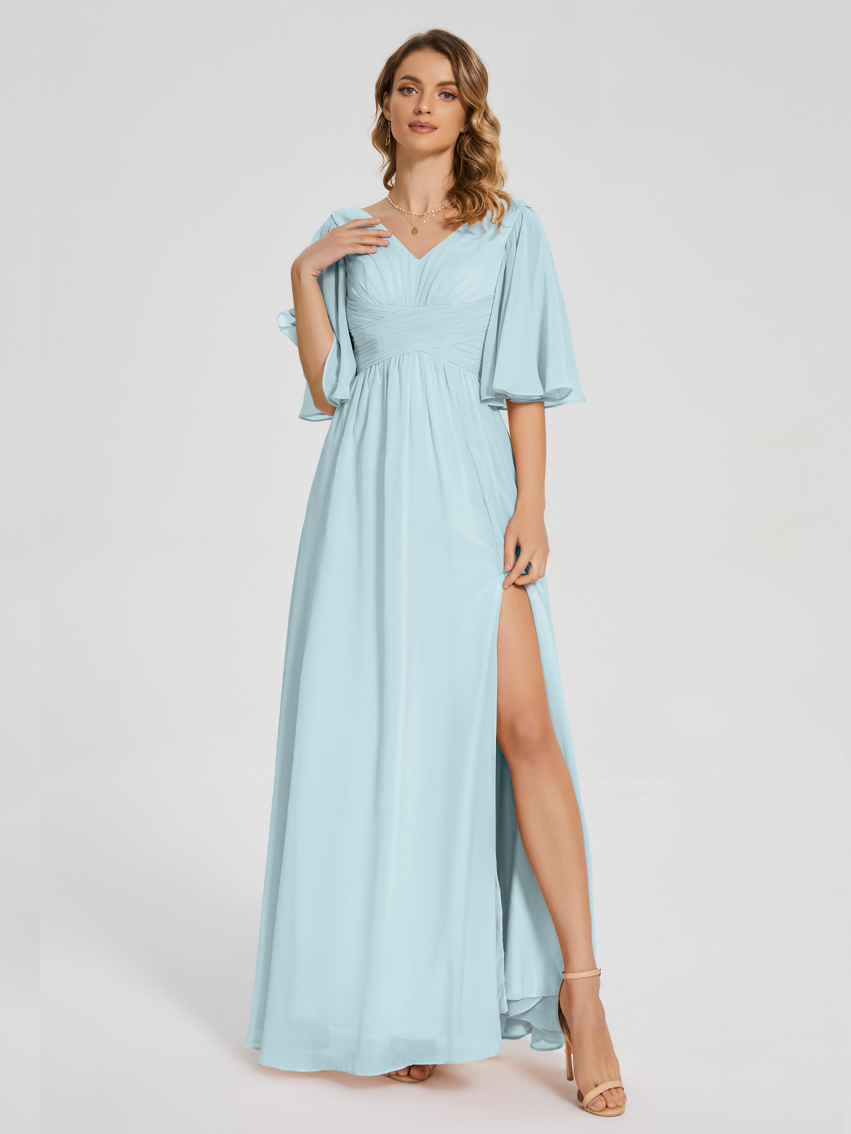 Robe De Demoiselle D'Honneur Brume Demi Manches Fendue Mousseline Robes Demoiselle D'Honneur