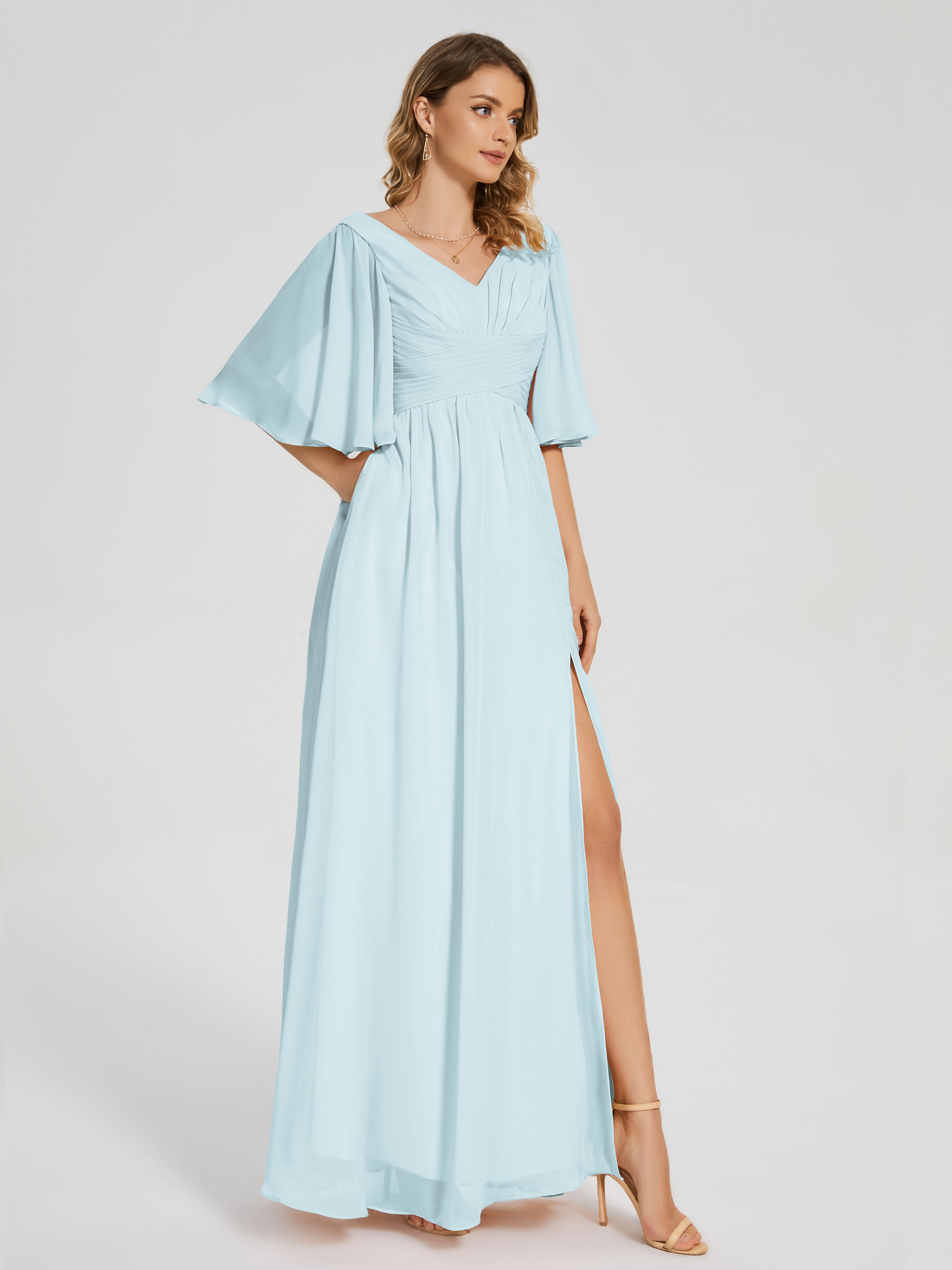 Robe De Demoiselle D'Honneur Brume Demi Manches Fendue Mousseline Robes Demoiselle D'Honneur