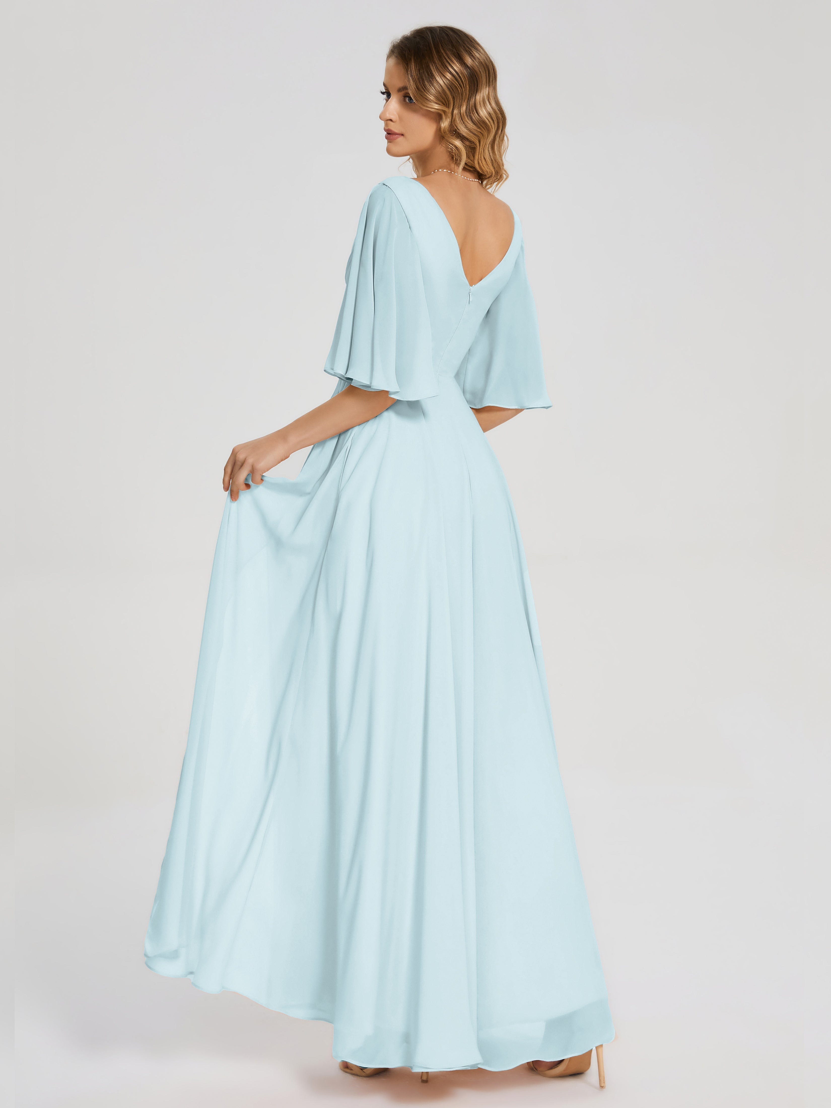 Robe De Demoiselle D'Honneur Brume Demi Manches Fendue Mousseline Robes Demoiselle D'Honneur