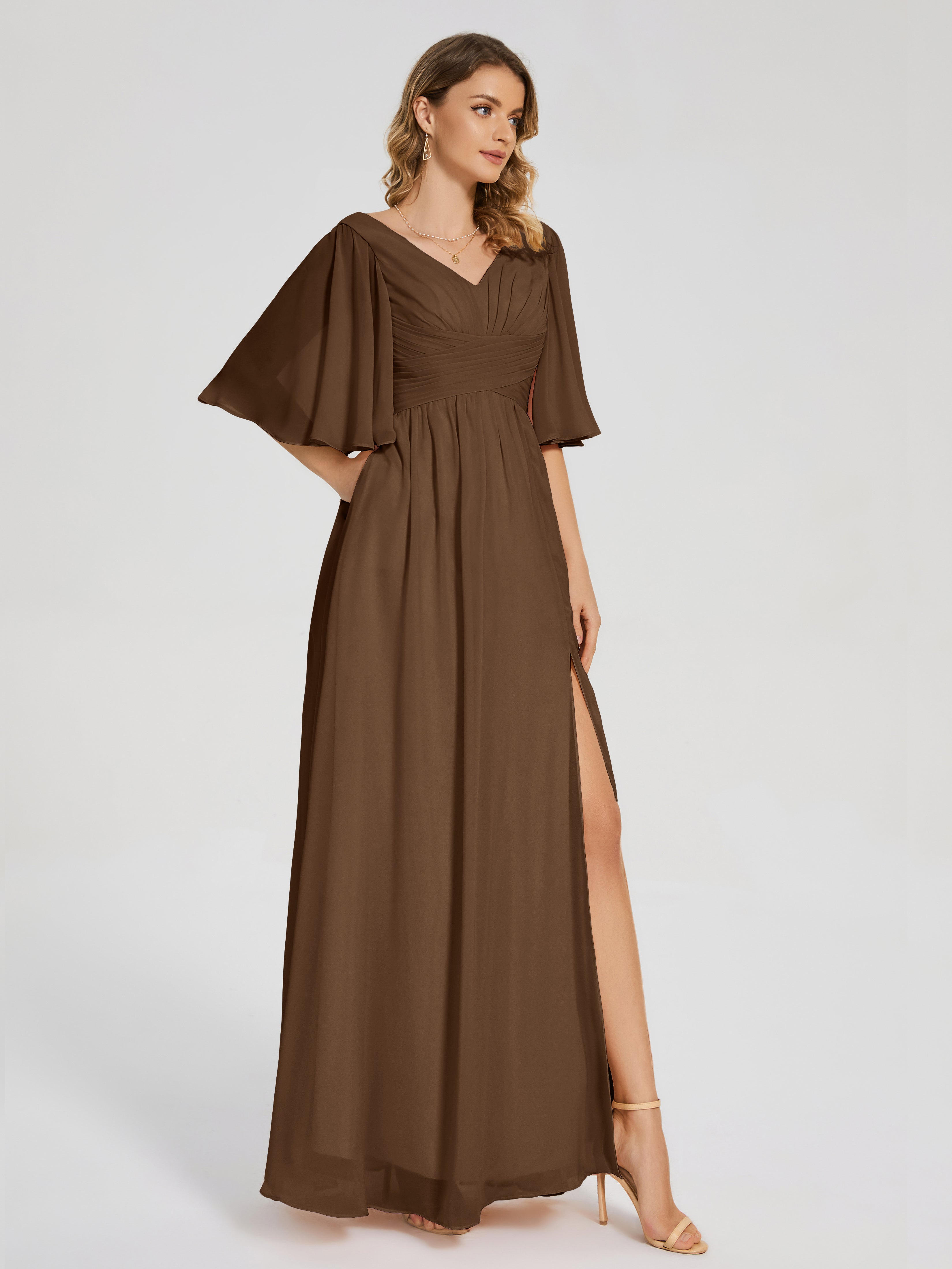 Robe Demoiselle D Honneur Brun Demi Manches Fendue Mousseline Robes Demoiselle D'Honneur