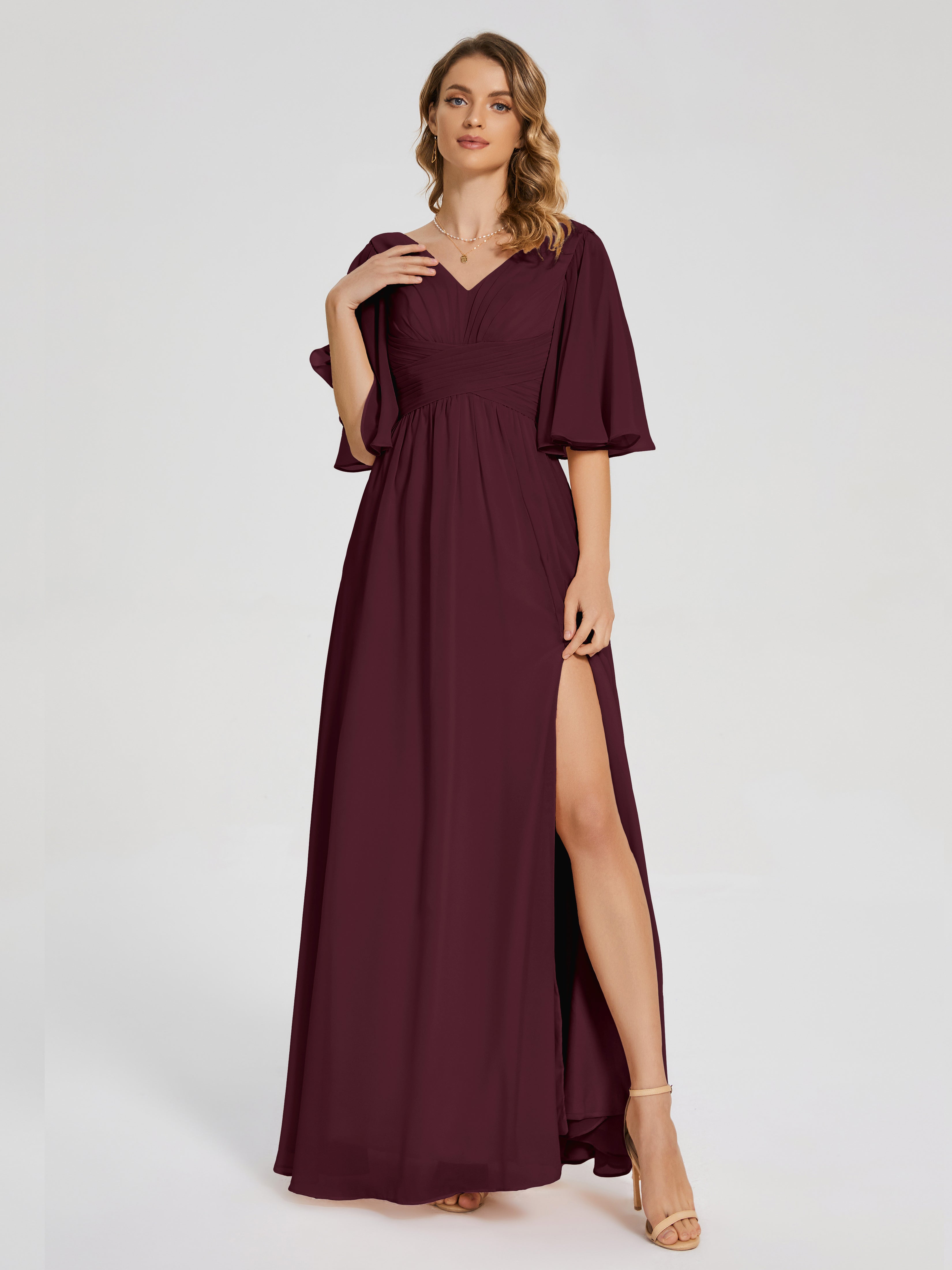 Robes De Demoiselle D'Honneur Cabernet Demi Manches Fendue Mousseline Robes Demoiselle D'Honneur