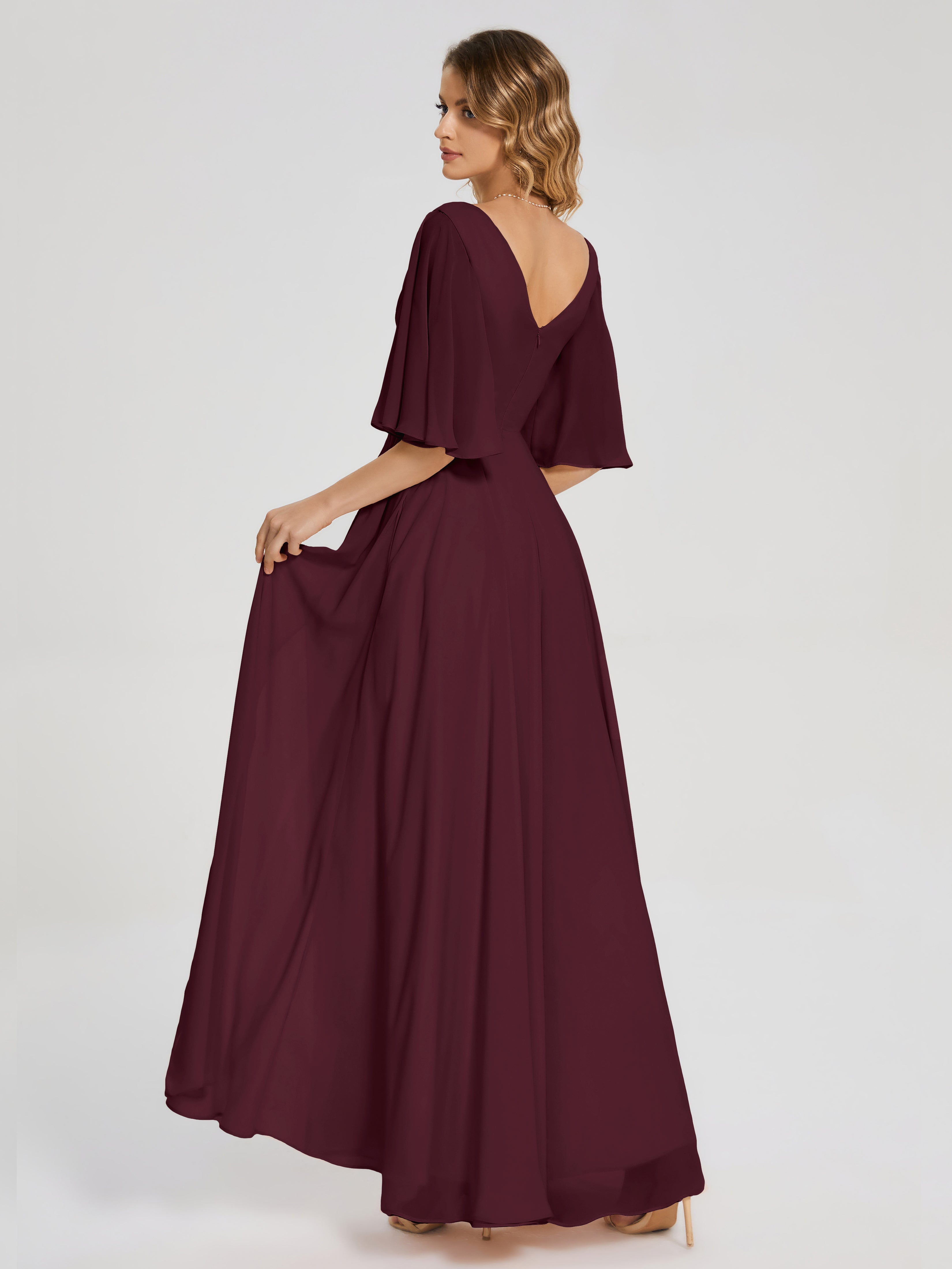 Robes De Demoiselle D'Honneur Cabernet Demi Manches Fendue Mousseline Robes Demoiselle D'Honneur
