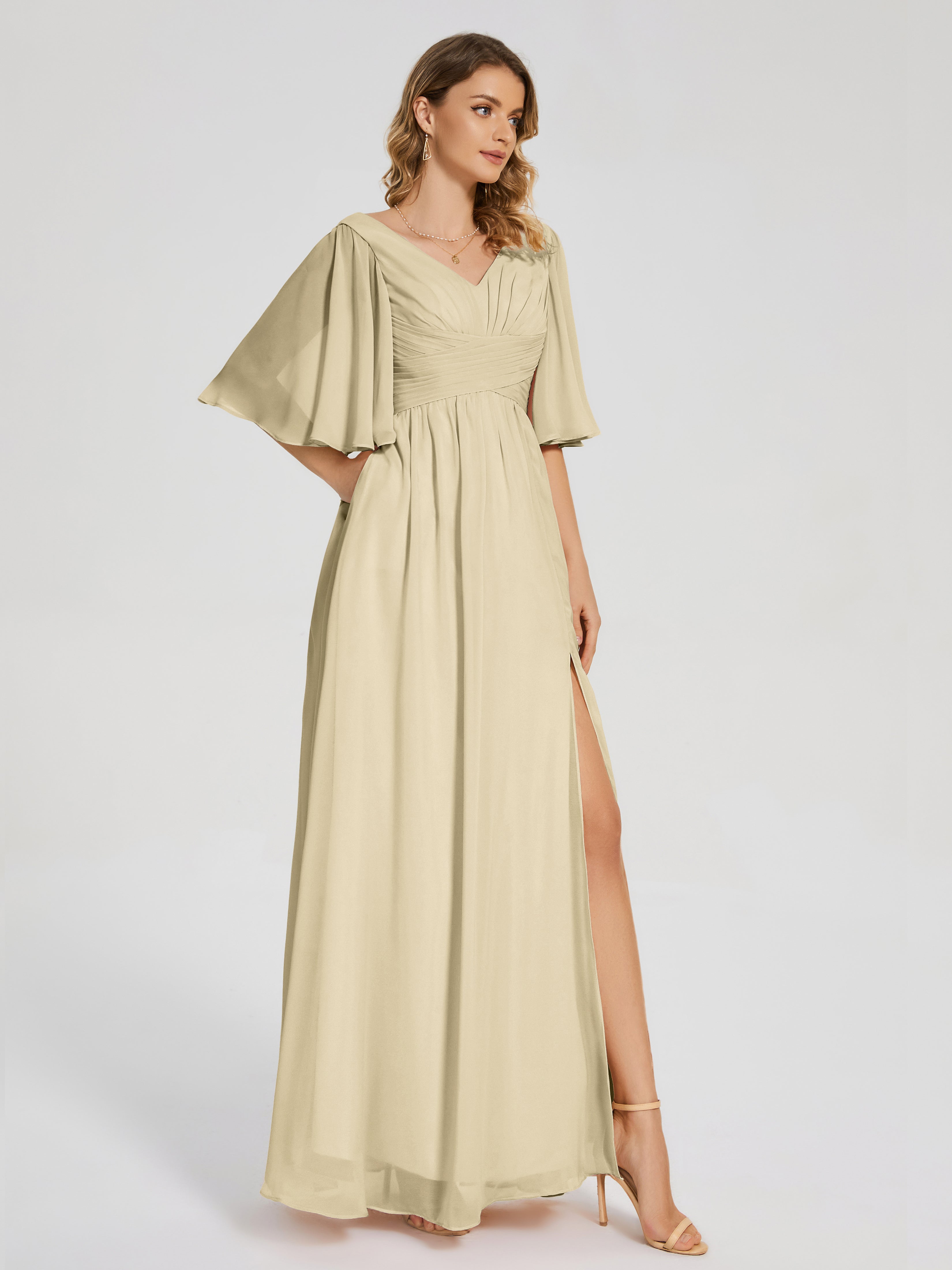 Robe Champagne Demoiselle D Honneur Demi Manches Fendue Mousseline Robes Demoiselle D'Honneur