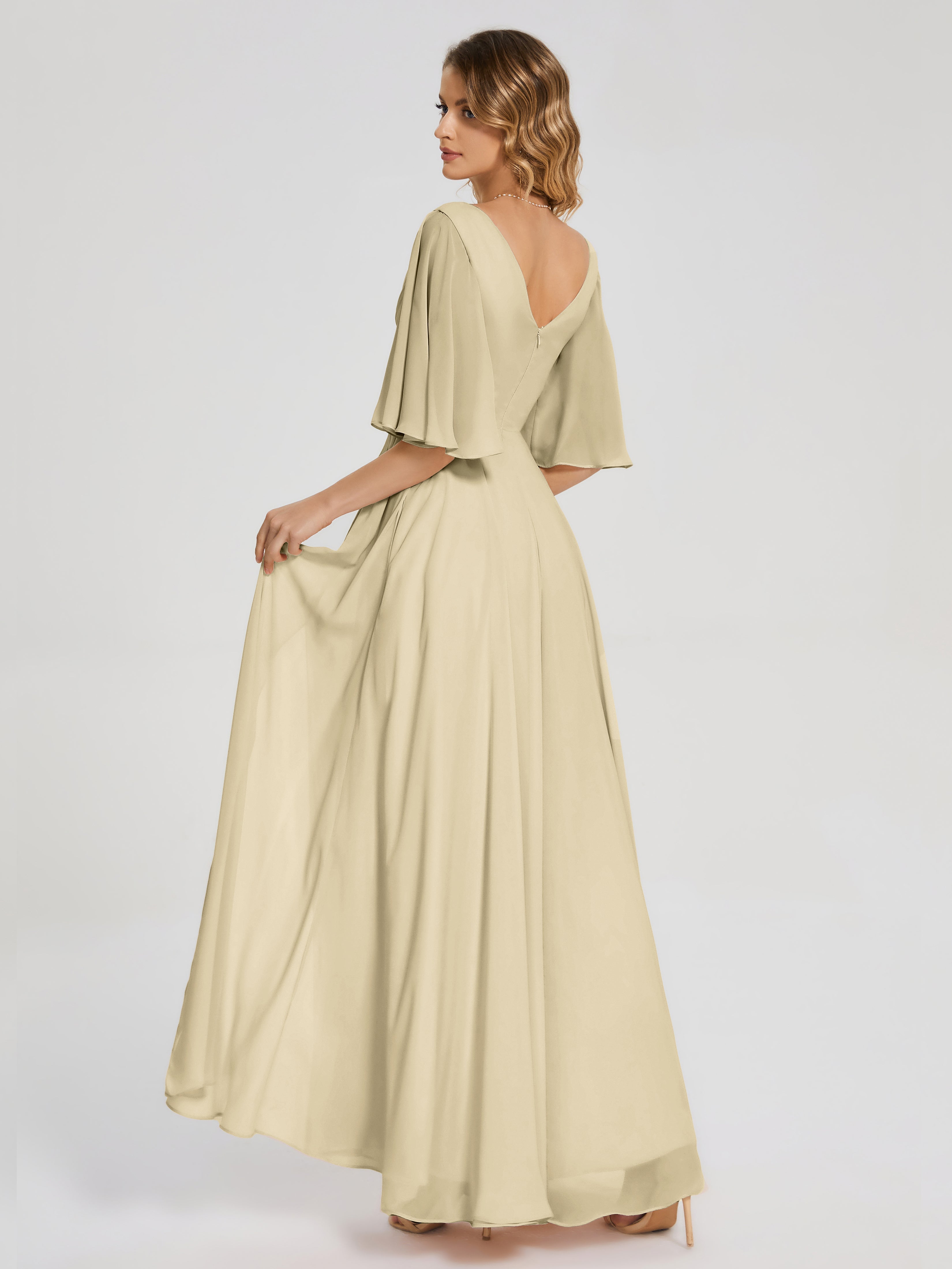 Robe Champagne Demoiselle D Honneur Demi Manches Fendue Mousseline Robes Demoiselle D'Honneur