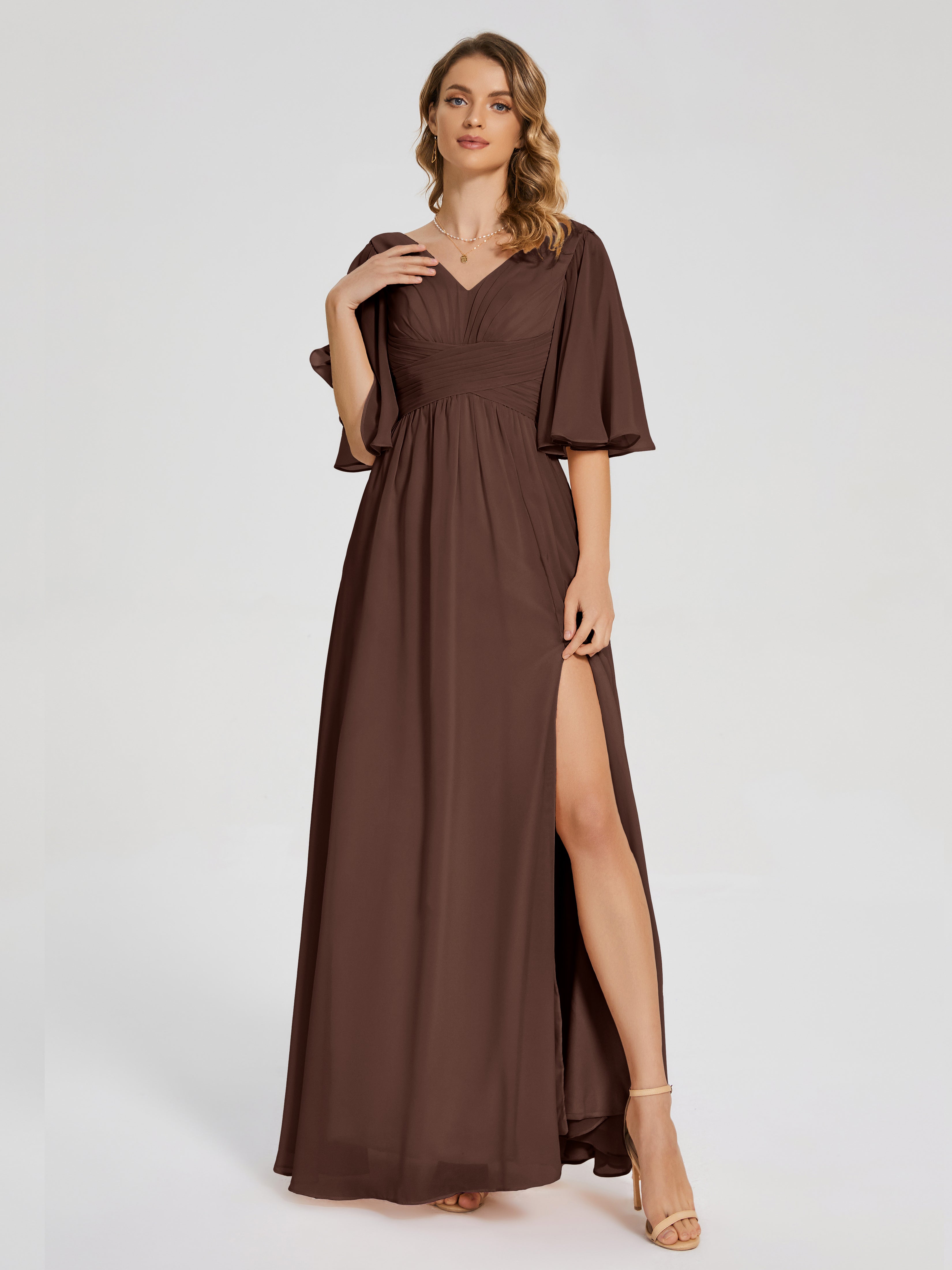 Robe De Demoiselle D Honneur Chocolat Demi Manches Fendue Mousseline Robes Demoiselle D'Honneur