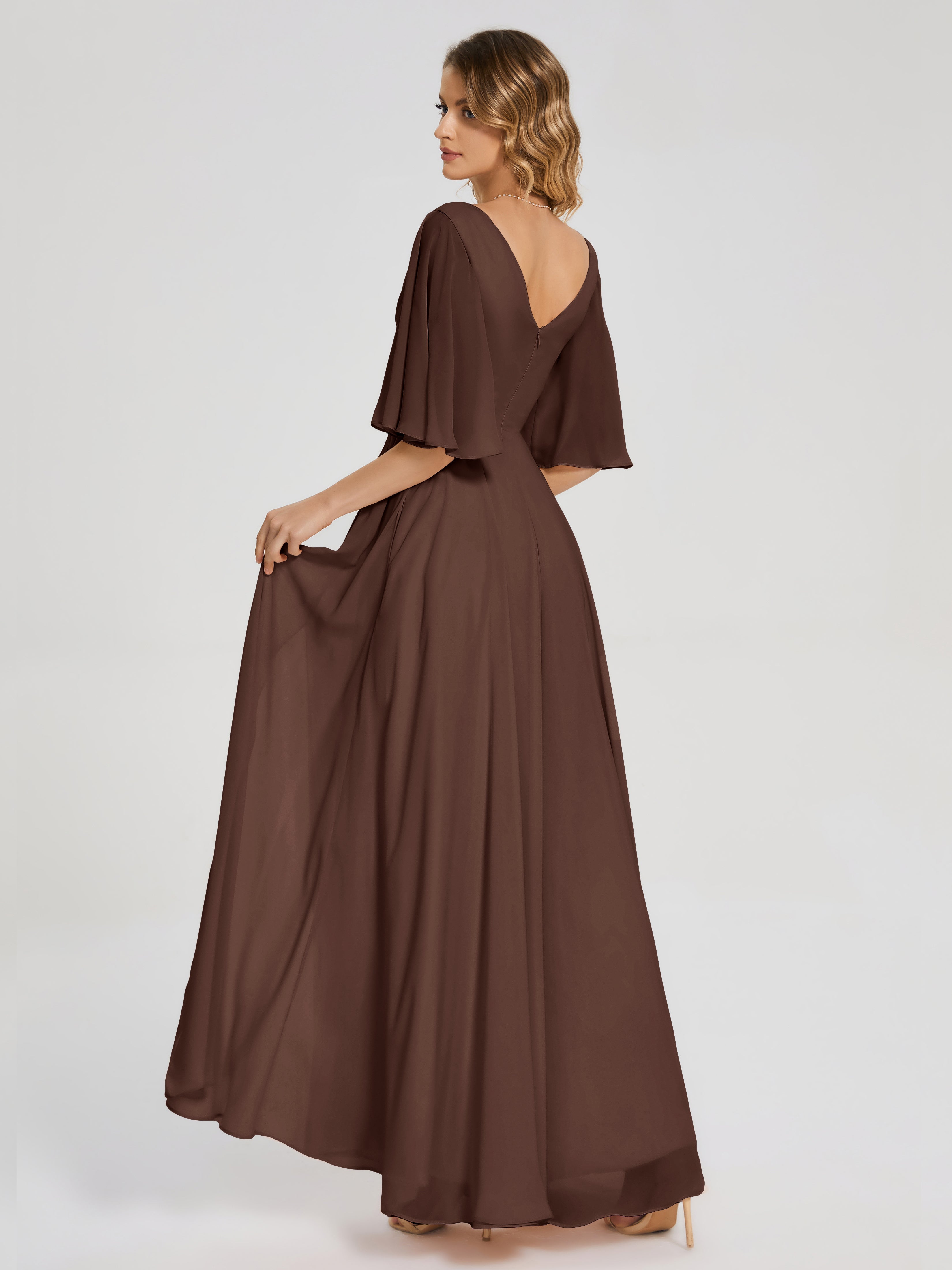 Robe De Demoiselle D Honneur Chocolat Demi Manches Fendue Mousseline Robes Demoiselle D'Honneur