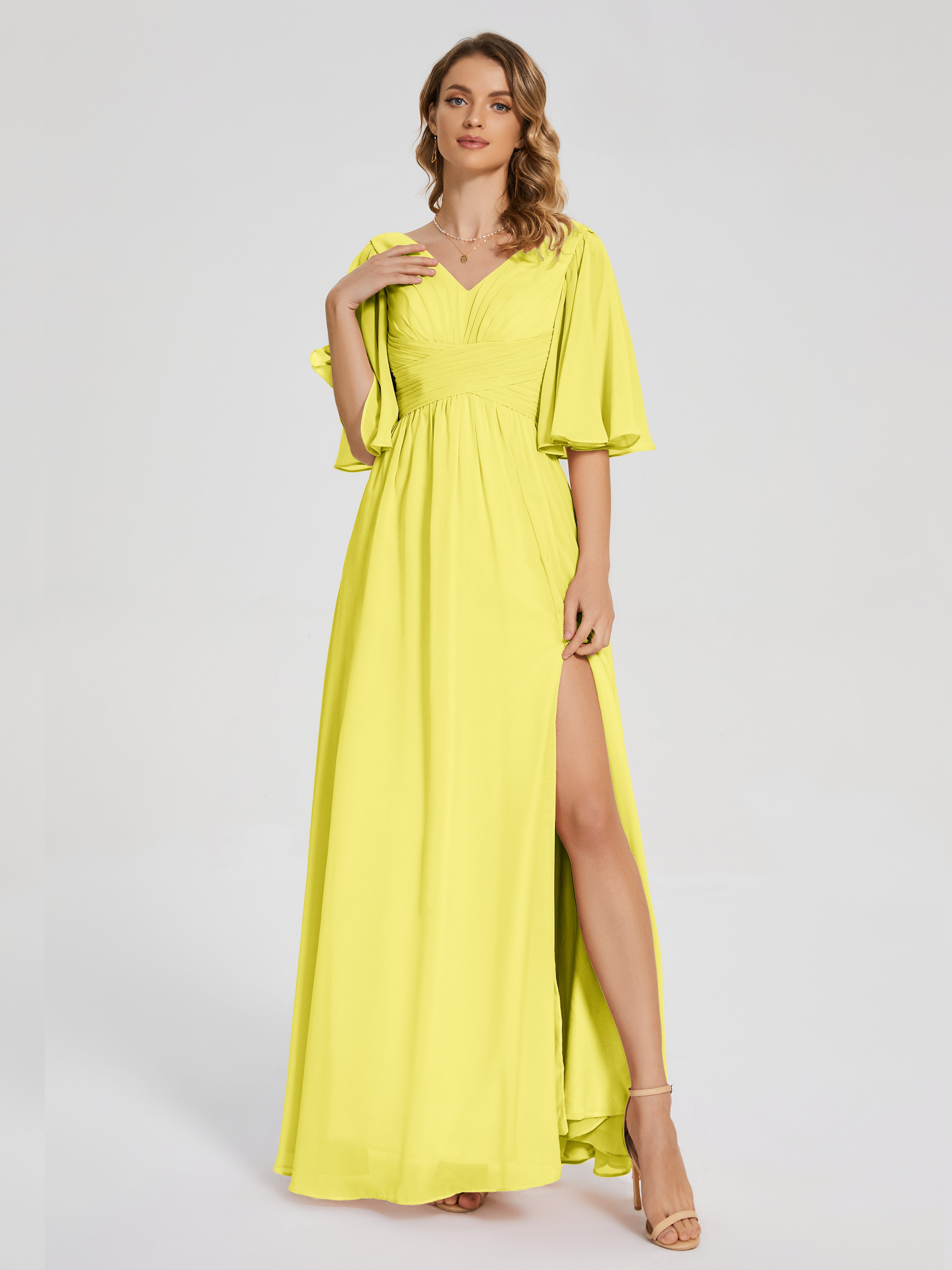 Robes De Demoiselle D'Honneur Citron Demi Manches Fendue Mousseline Robes Demoiselle D'Honneur