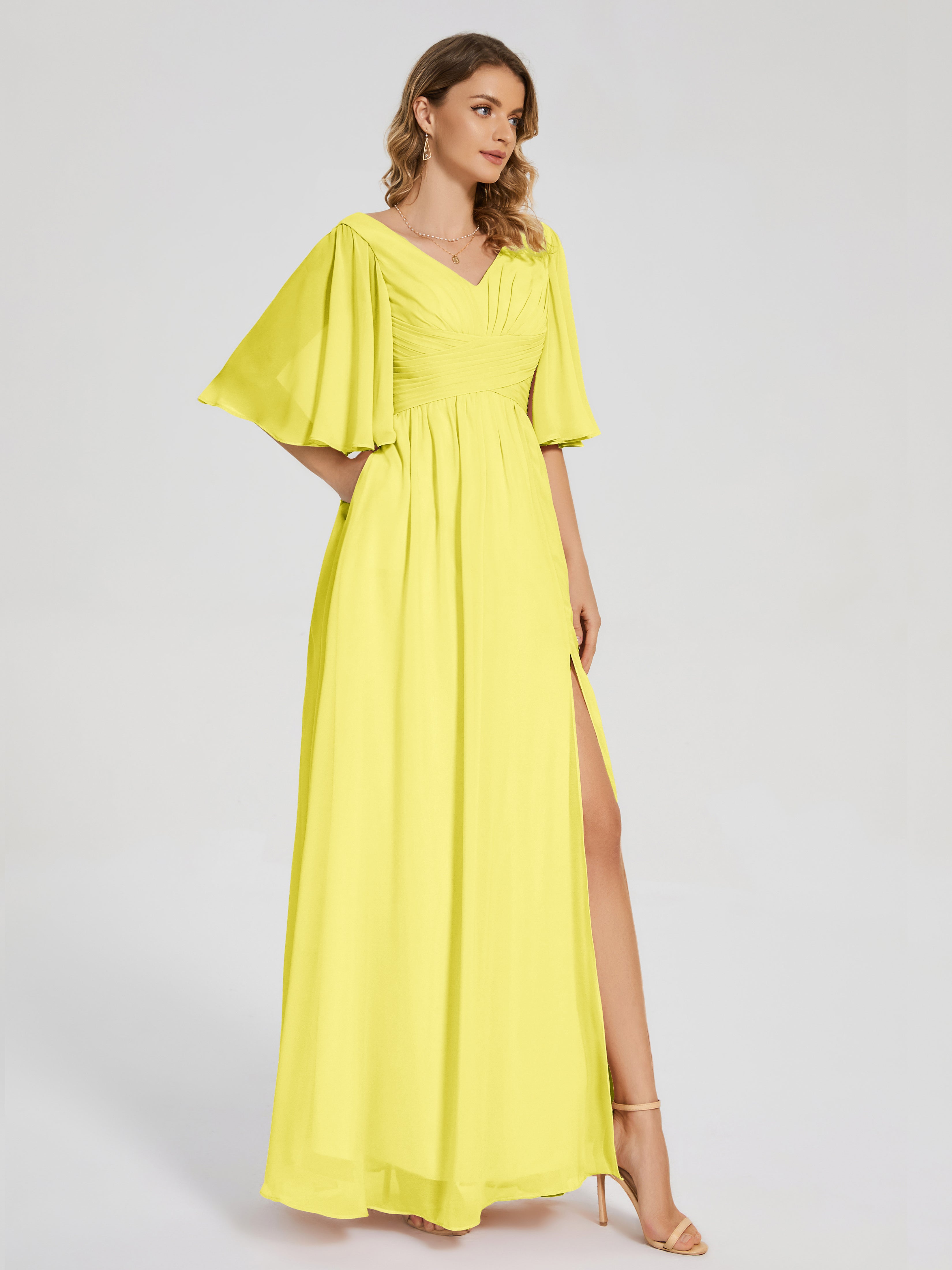 Robes De Demoiselle D'Honneur Citron Demi Manches Fendue Mousseline Robes Demoiselle D'Honneur