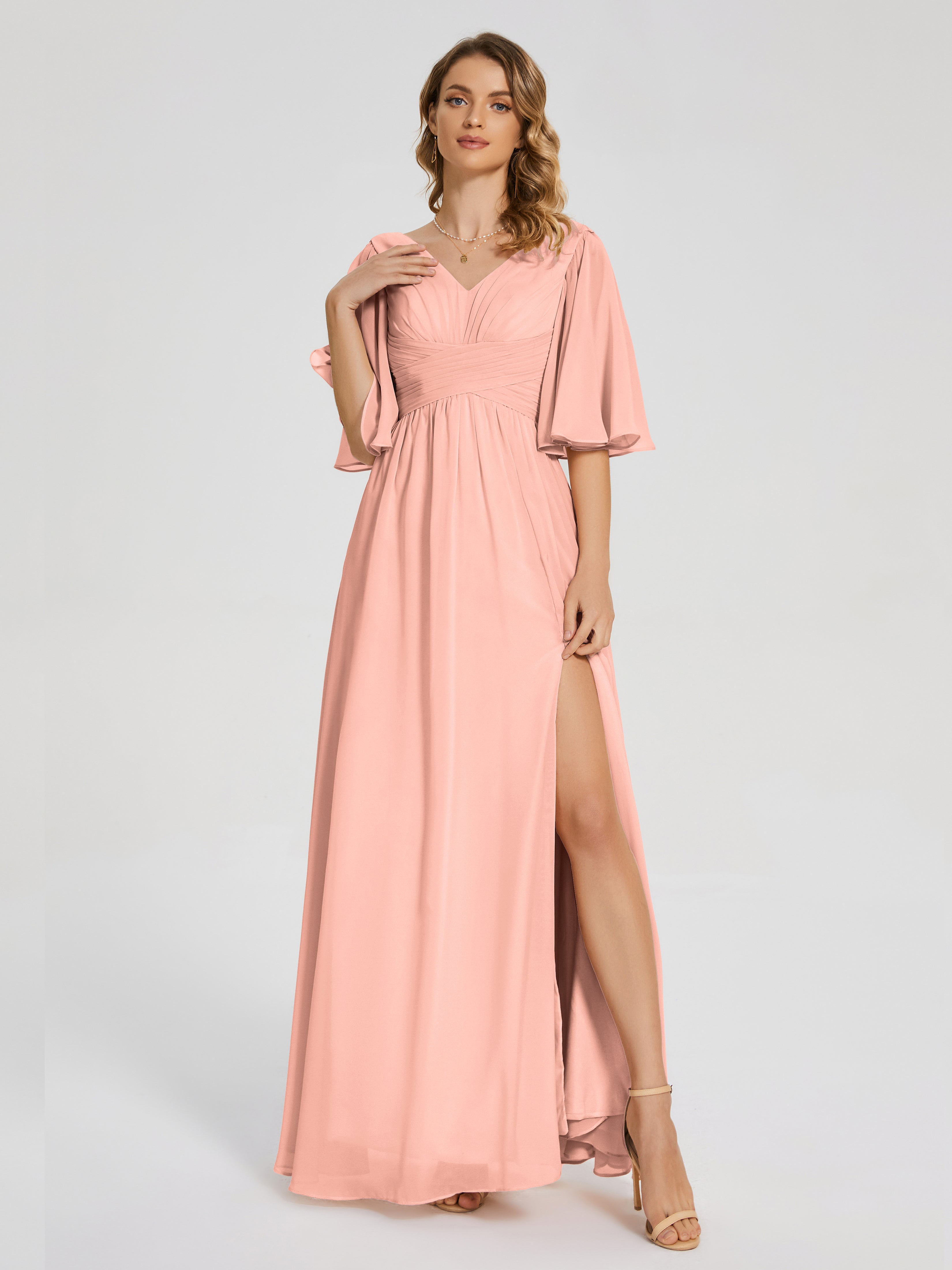 Robes De Demoiselle D'Honneur Corail Demi Manches Fendue Mousseline Robes Demoiselle D'Honneur