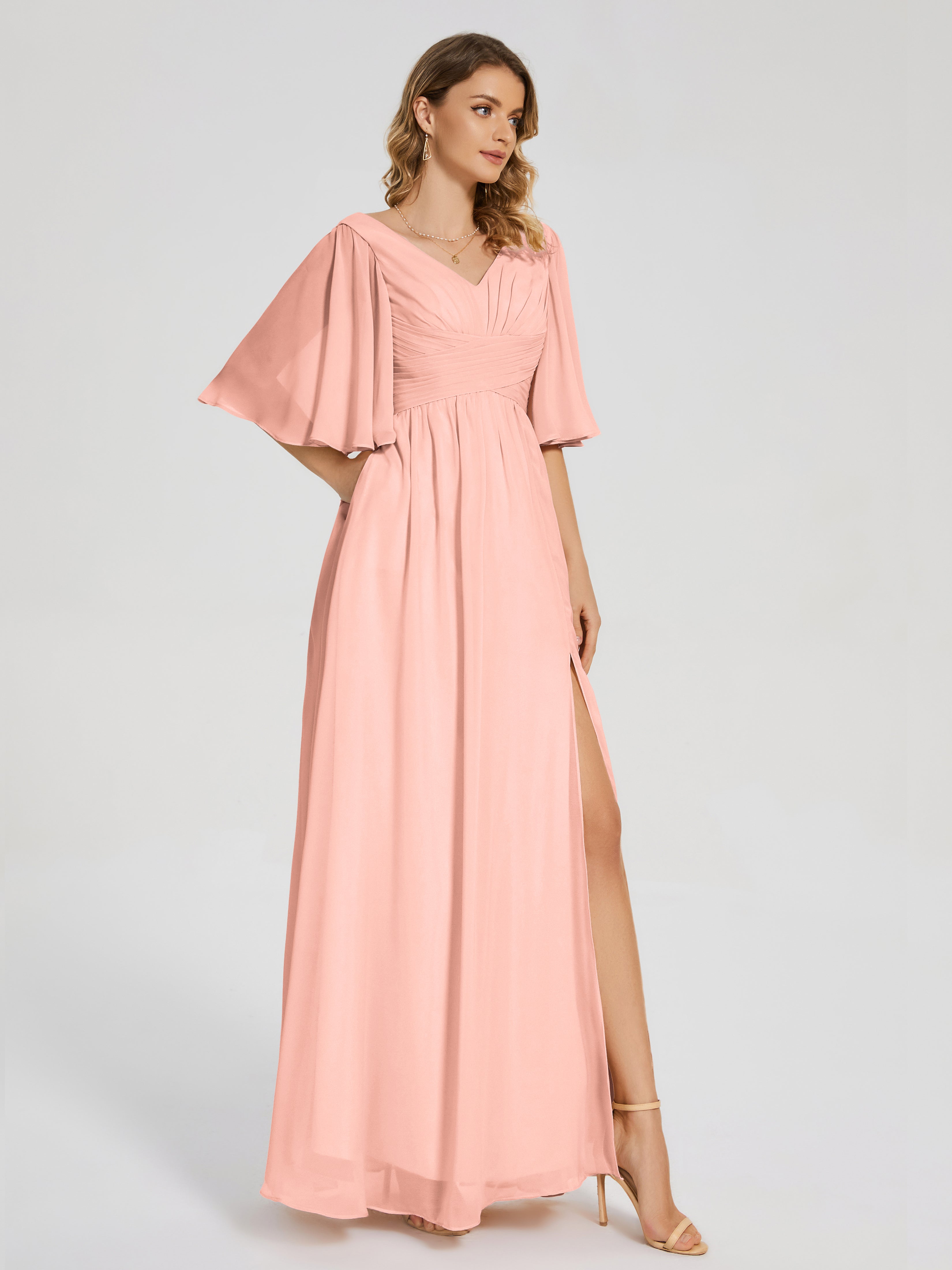 Robes De Demoiselle D'Honneur Corail Demi Manches Fendue Mousseline Robes Demoiselle D'Honneur