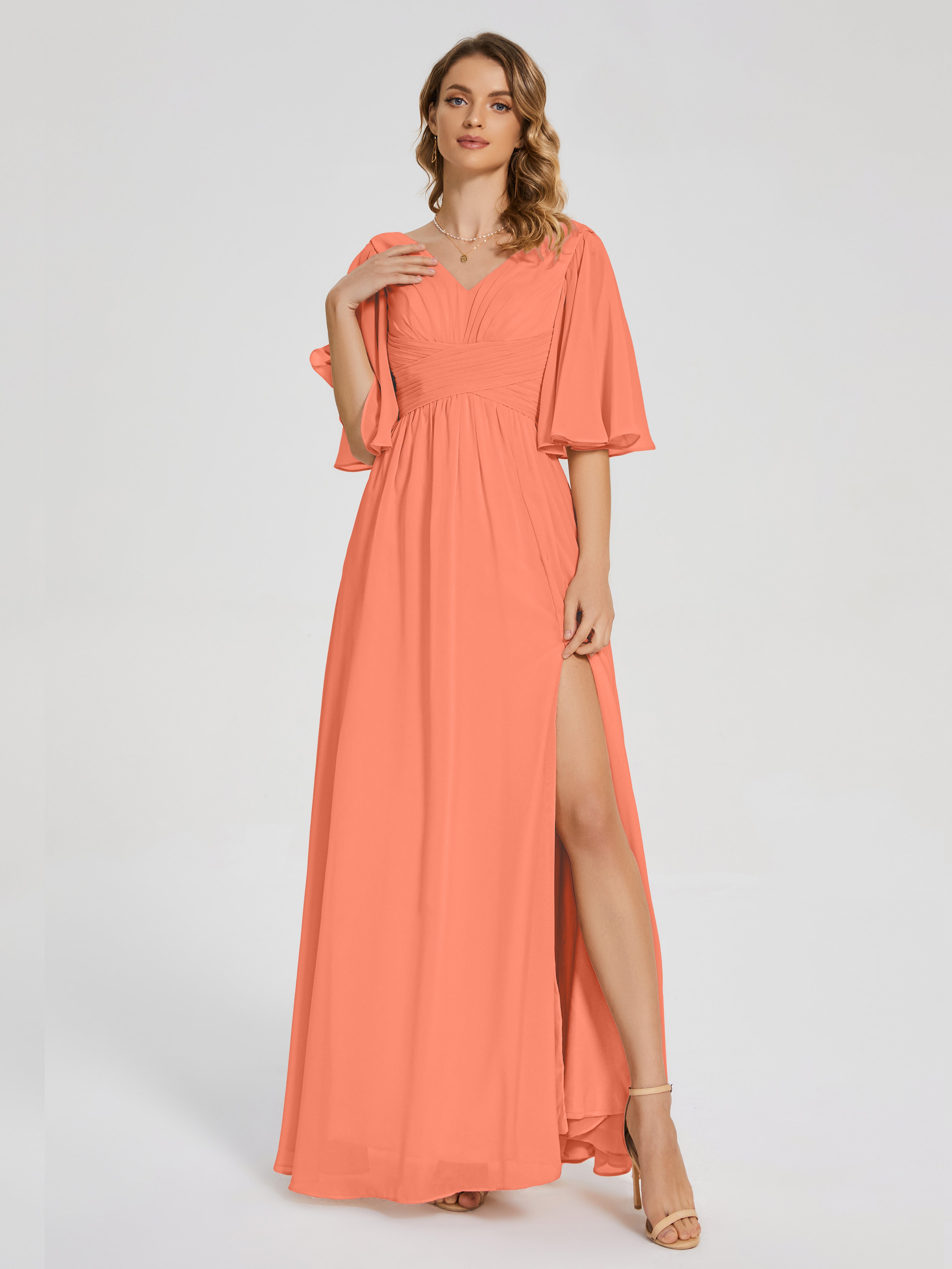 Robes De Demoiselle D'Honneur Coucher De Soleil Demi Manches Fendue Mousseline Robes Demoiselle D'Honneur