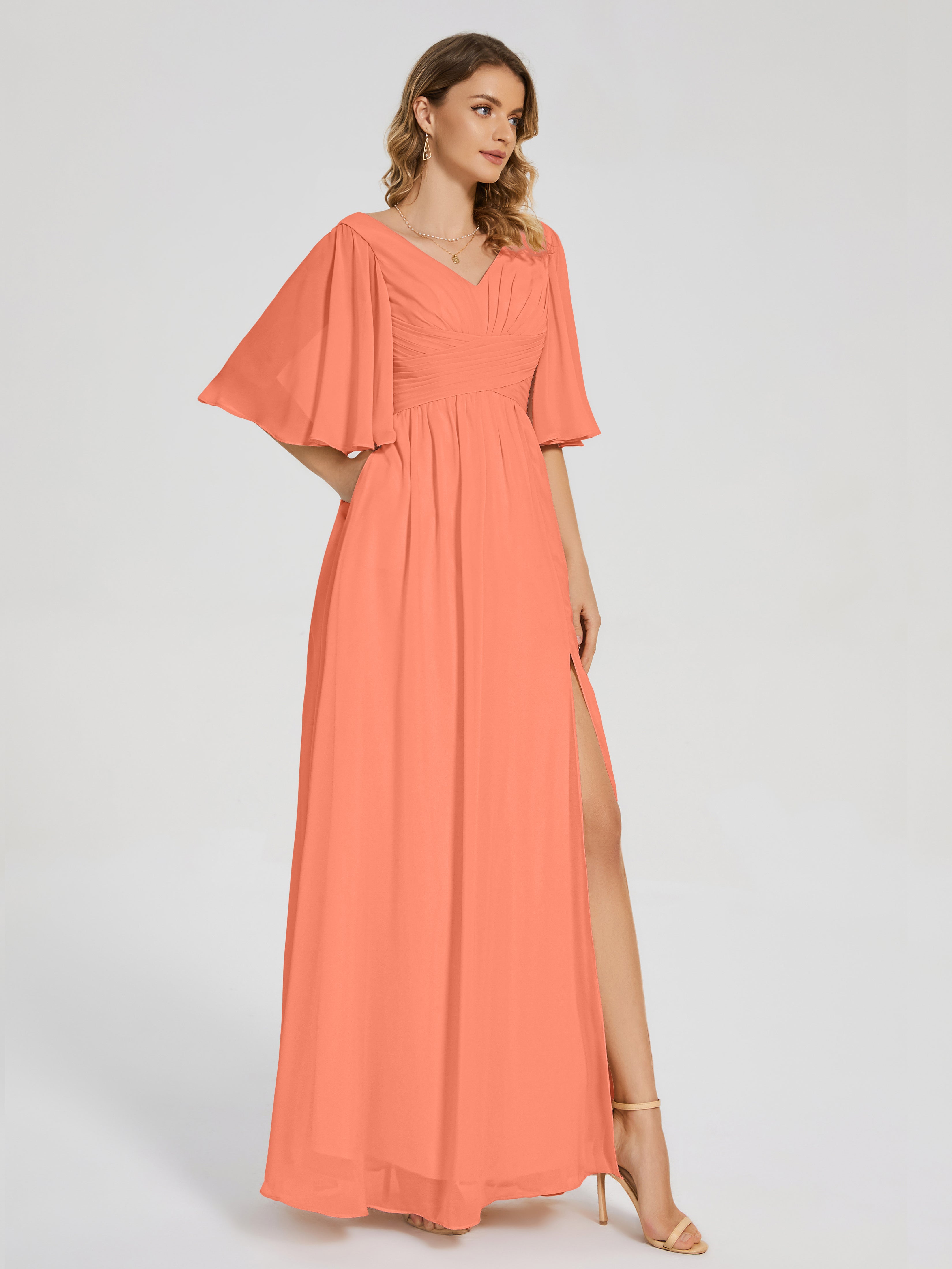 Robes De Demoiselle D'Honneur Coucher De Soleil Demi Manches Fendue Mousseline Robes Demoiselle D'Honneur