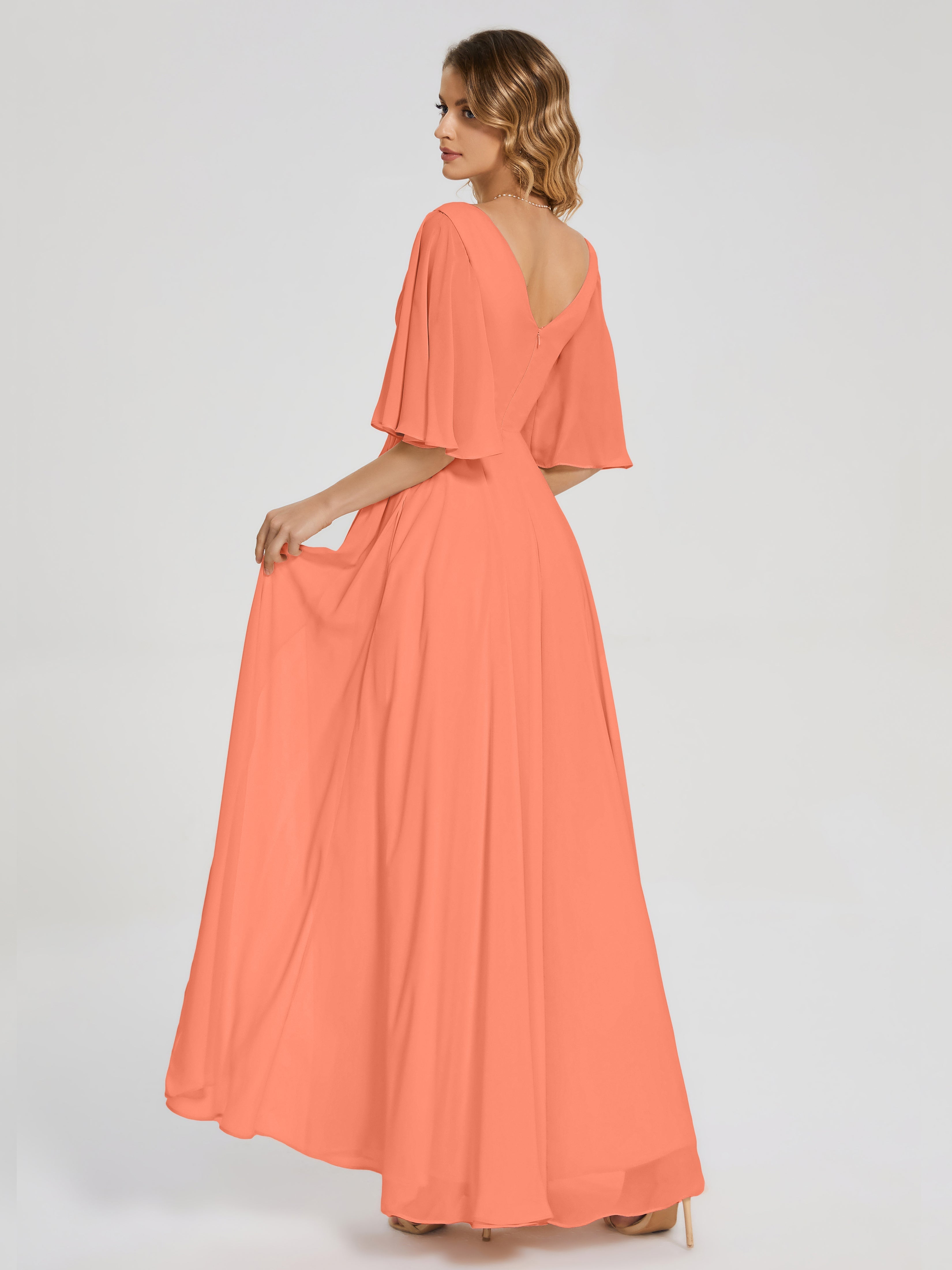 Robes De Demoiselle D'Honneur Coucher De Soleil Demi Manches Fendue Mousseline Robes Demoiselle D'Honneur