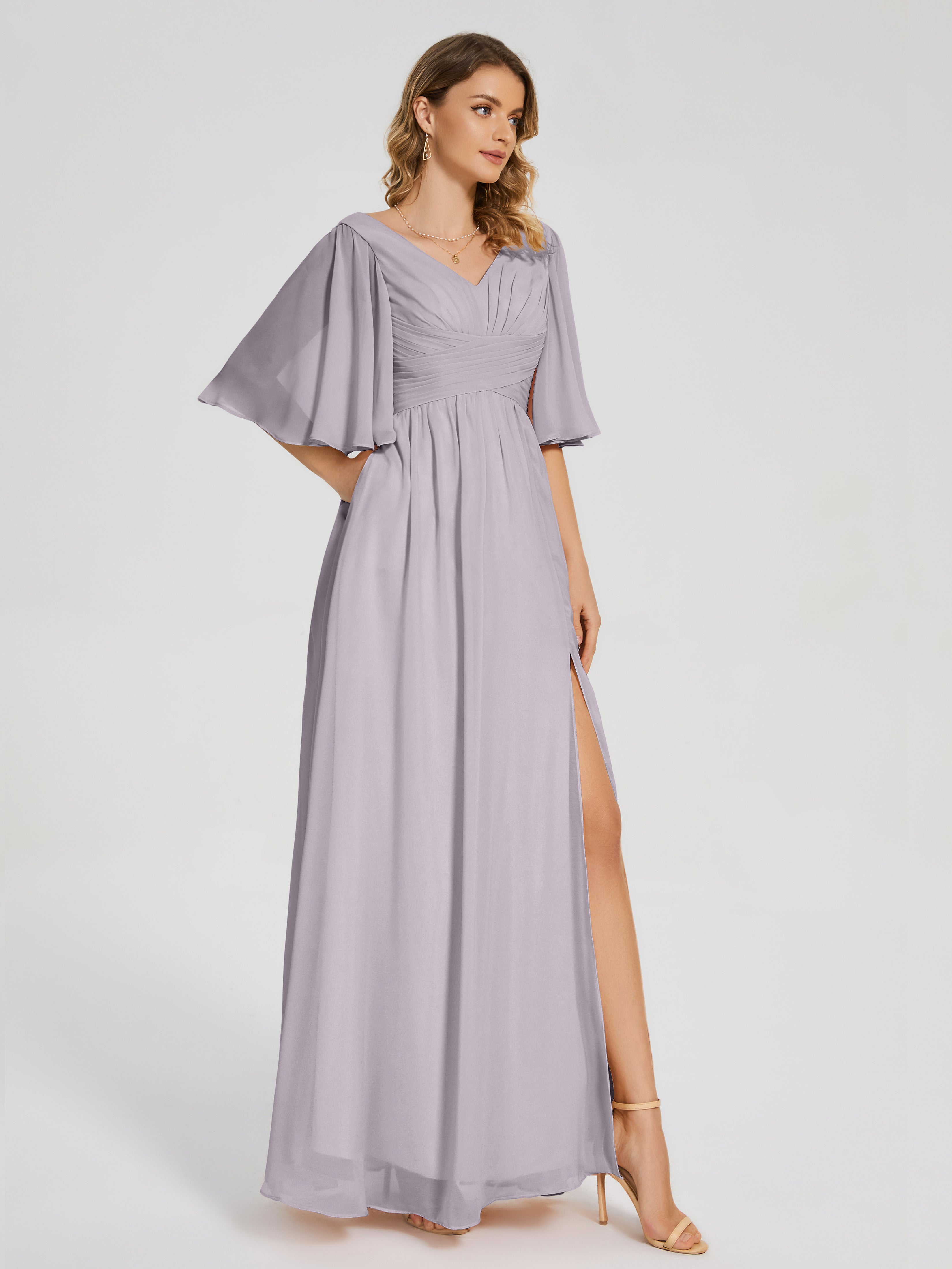 Robes De Demoiselle D'Honneur Couleur Crépuscule Demi Manches Fendue Mousseline Robes Demoiselle D'Honneur