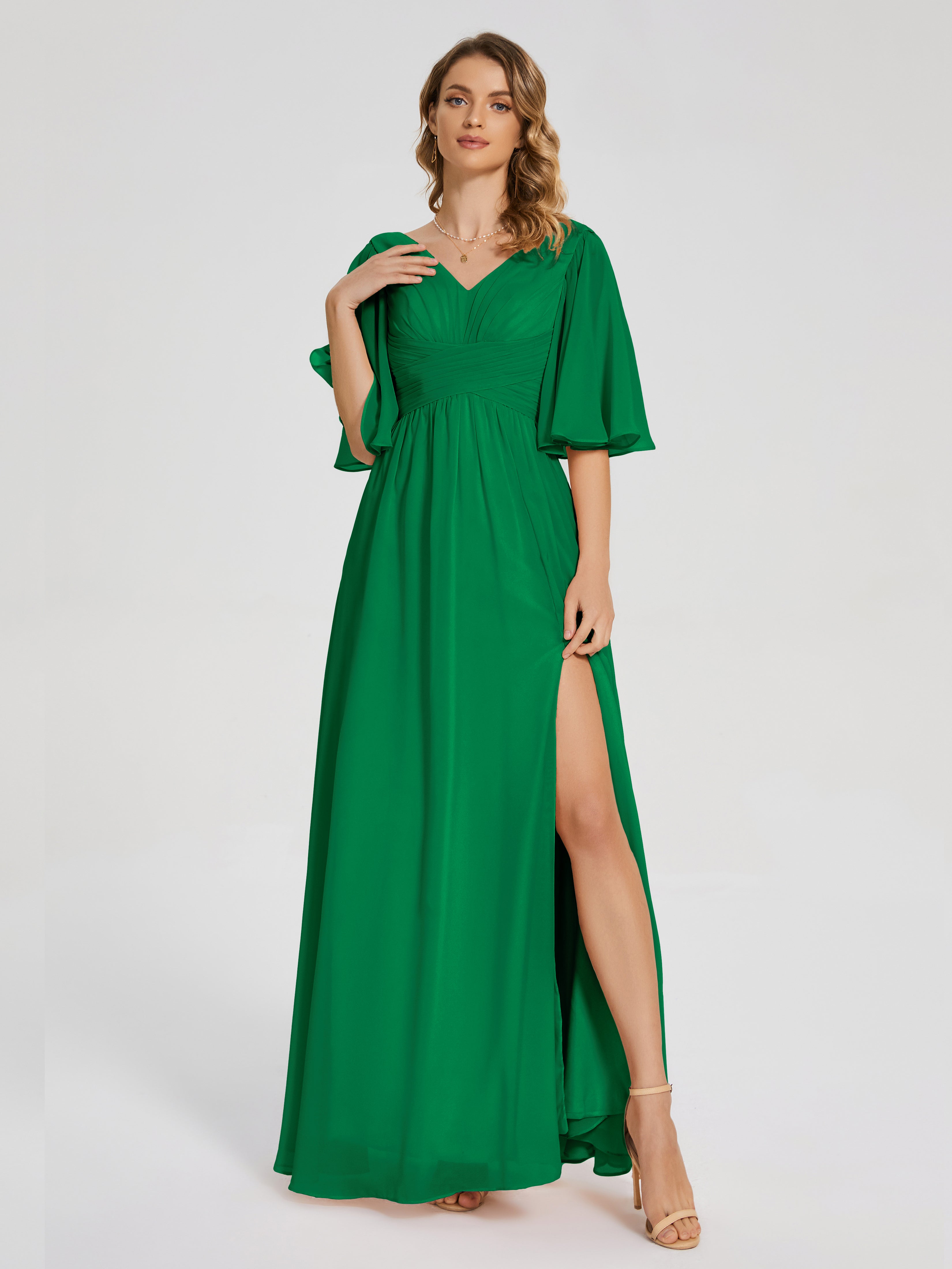 Robe Demoiselle D Honneur Emeraude Demi Manches Fendue Mousseline Robes Demoiselle D'Honneur