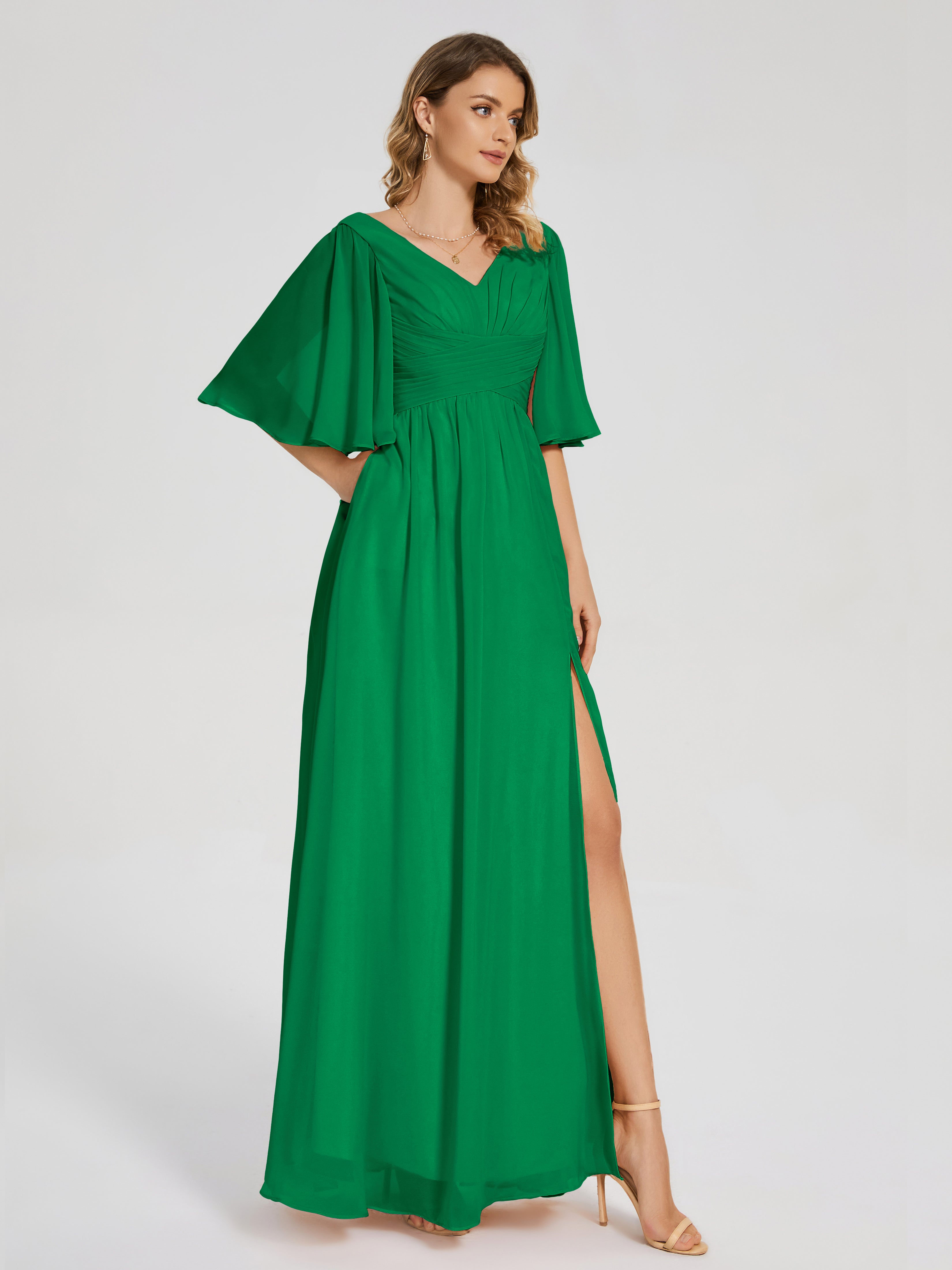 Robe Demoiselle D Honneur Emeraude Demi Manches Fendue Mousseline Robes Demoiselle D'Honneur