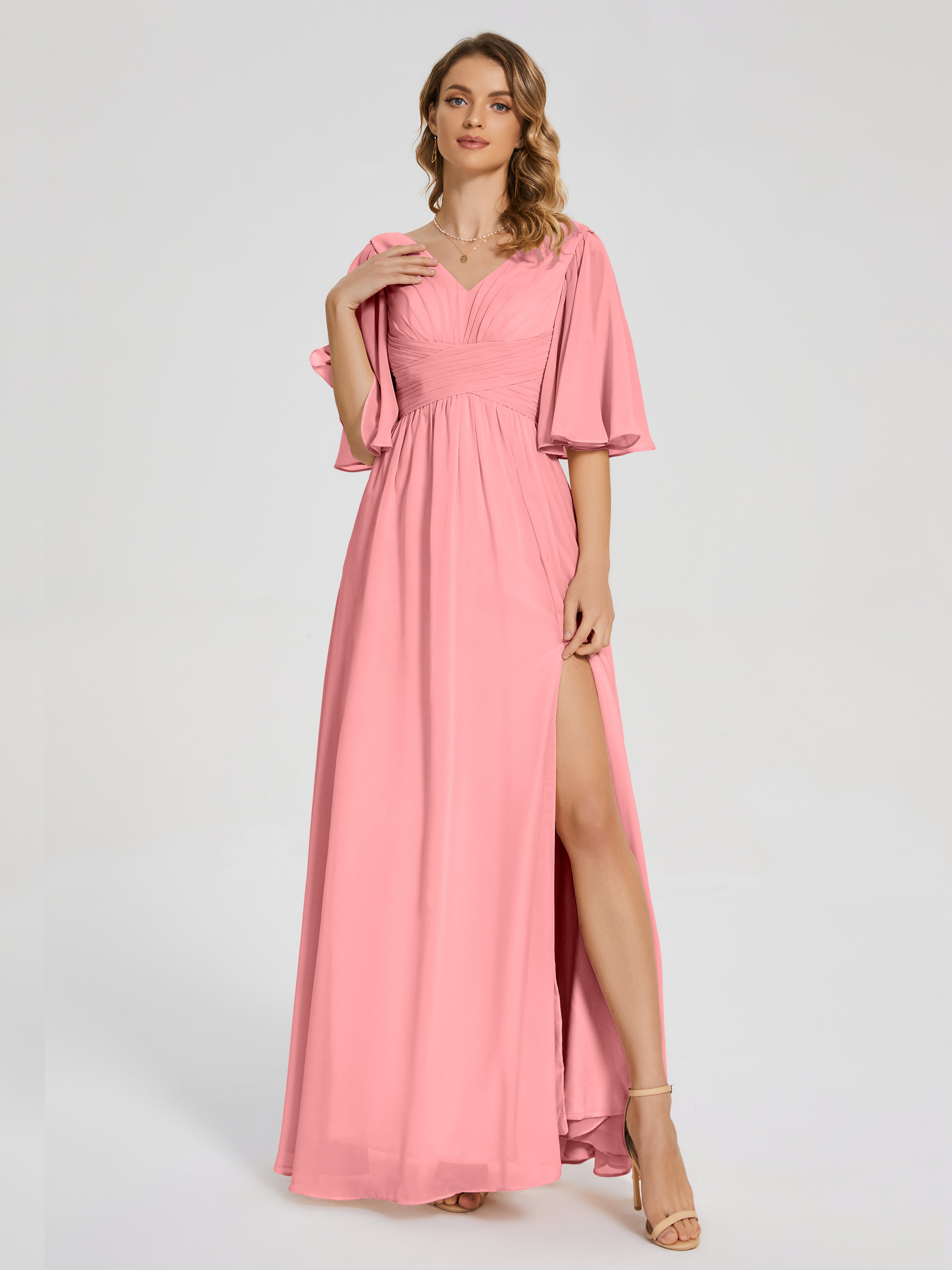 Robes De Demoiselle D'Honneur En Flamant Demi Manches Fendue Mousseline Robes Demoiselle D'Honneur