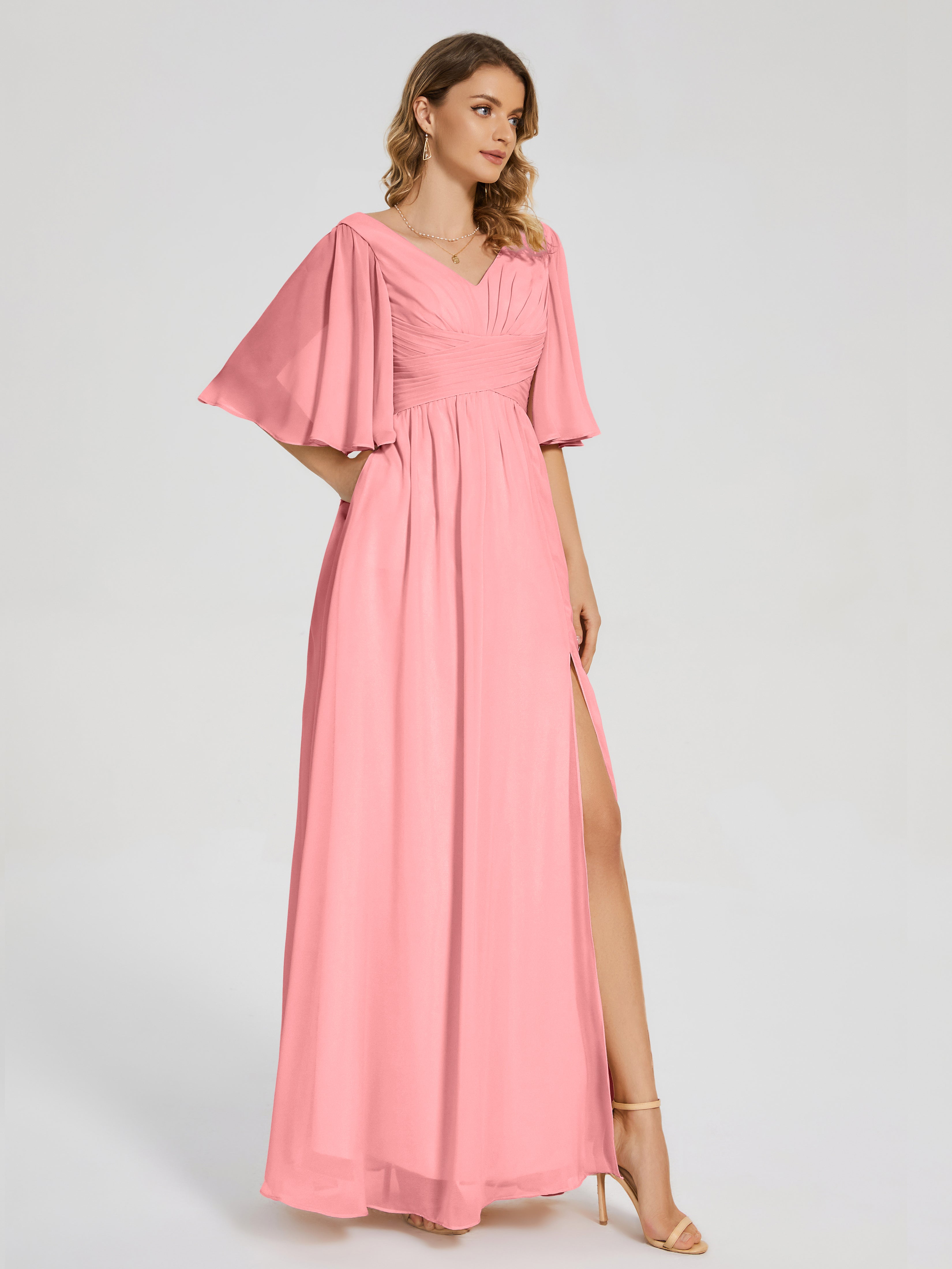 Robes De Demoiselle D'Honneur En Flamant Demi Manches Fendue Mousseline Robes Demoiselle D'Honneur