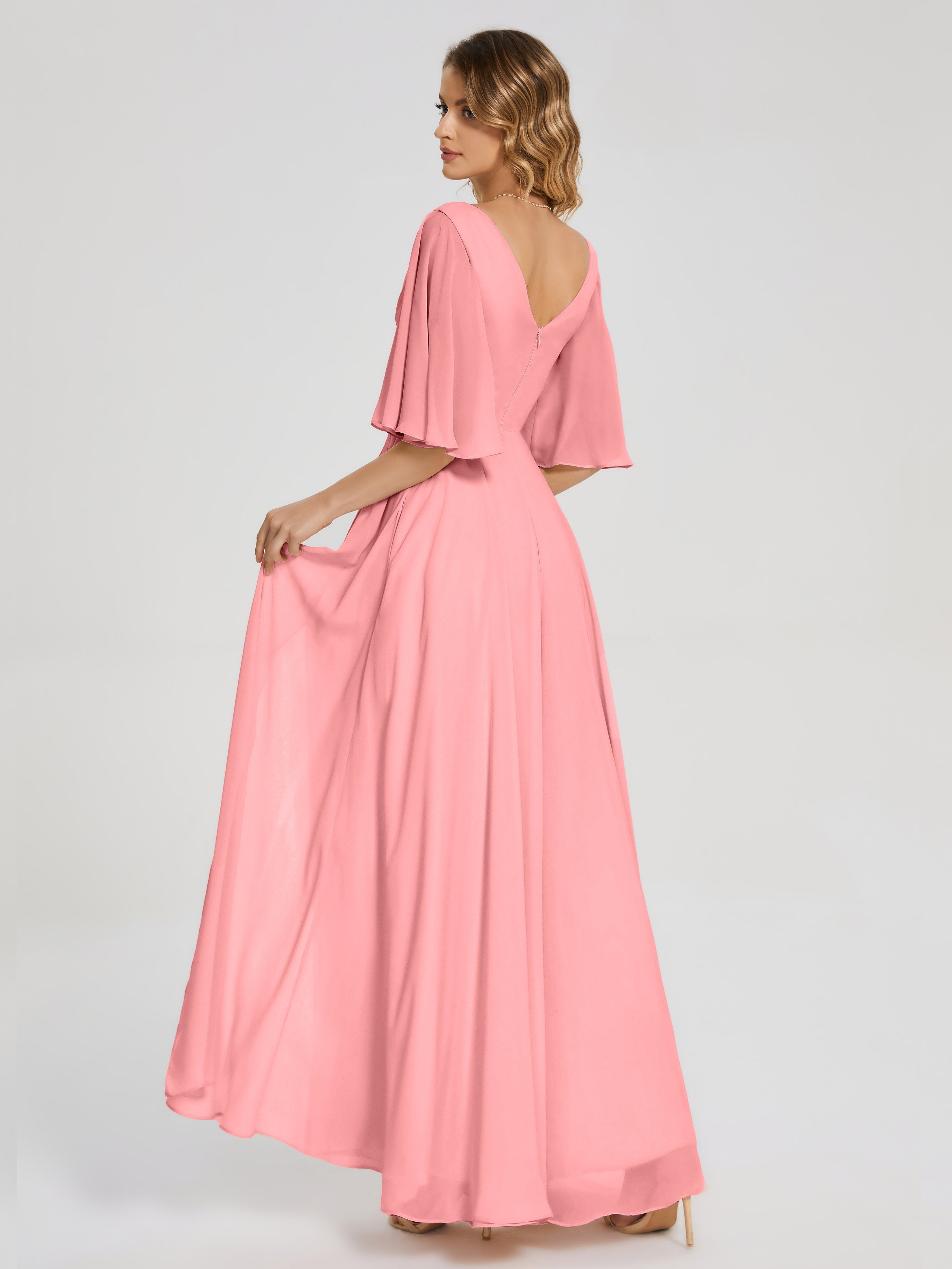 Robes De Demoiselle D'Honneur En Flamant Demi Manches Fendue Mousseline Robes Demoiselle D'Honneur