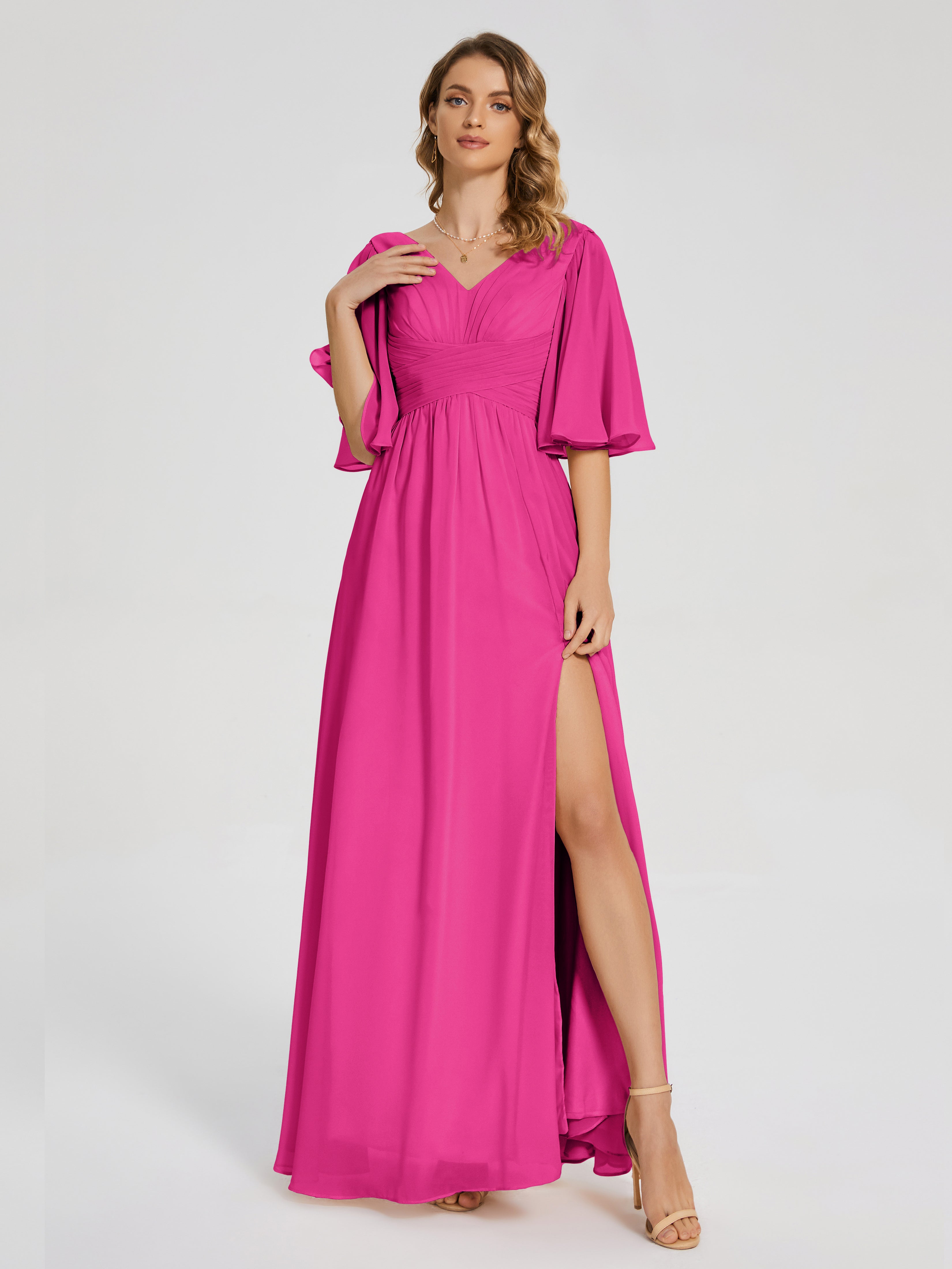 Robe Fuchsia Demoiselle D Honneur Demi Manches Fendue Mousseline Robes Demoiselle D'Honneur